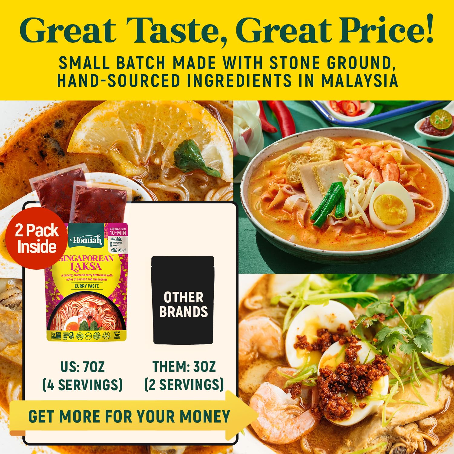 Homiah Laksa Curry Paste (Value 3 Pack x 7 Oz) - Gluten Free, Non-GMO Malaysian Curry Paste - Laksa Curry Paste, Thai Essentials for Kitchen - Premium