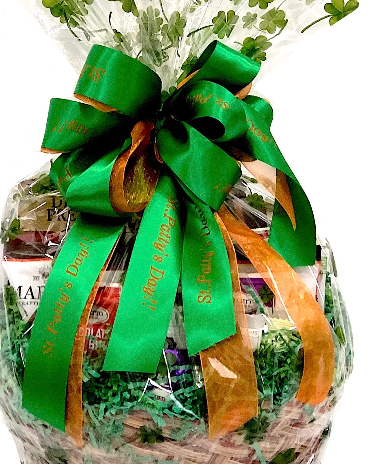 St. Patrick’s Day Gift Basket with Chocolate, Candy & Snacks - 10 Inch Shamrock Wrapped Gift Basket - Irish Holiday Treats for Family, Friends