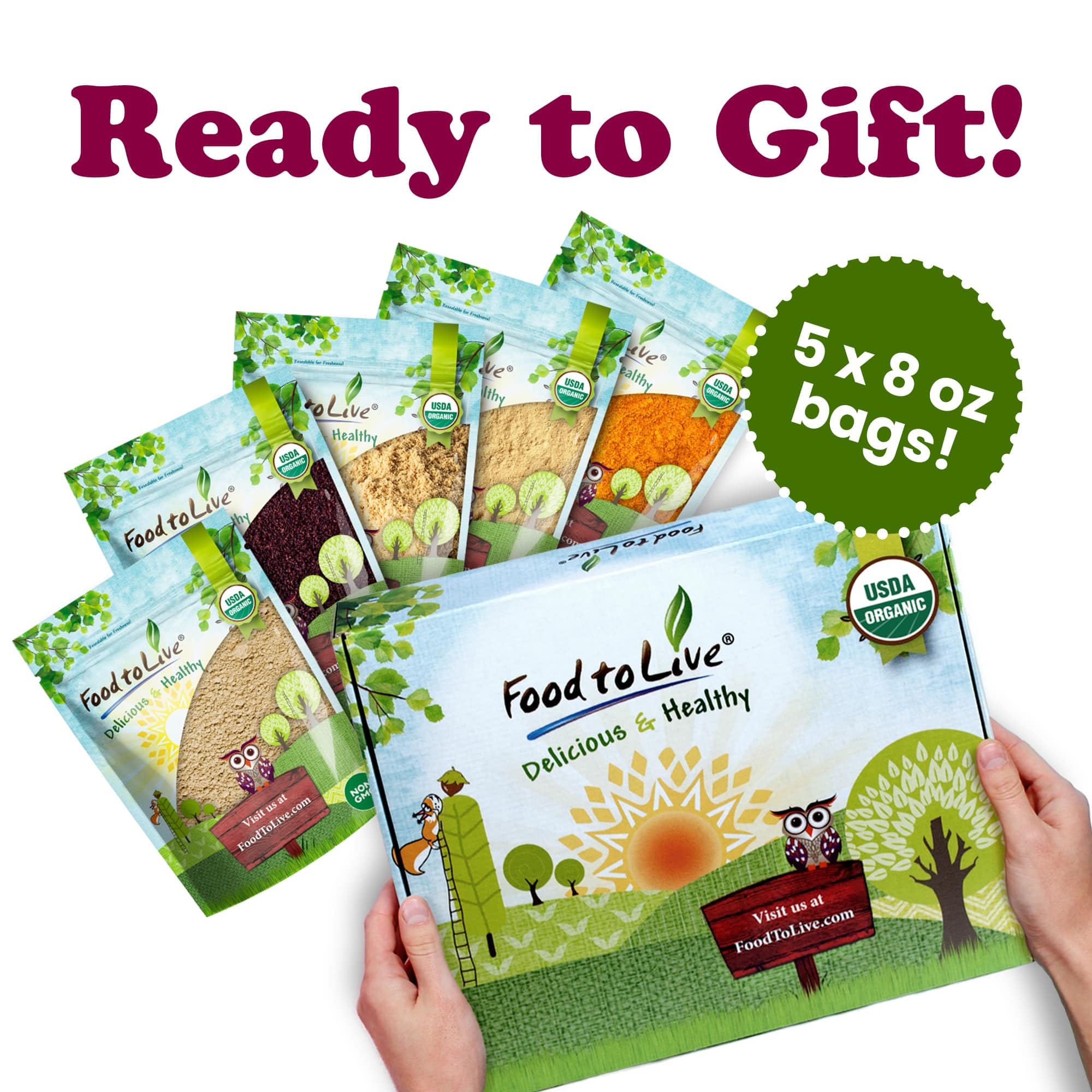 Food to Live Organic Super Powders in a Gift Box - Acai Berry Powder, Goji Berry Powder, Sacha Inchi Powder, Maca Powder, Mesquite Powder