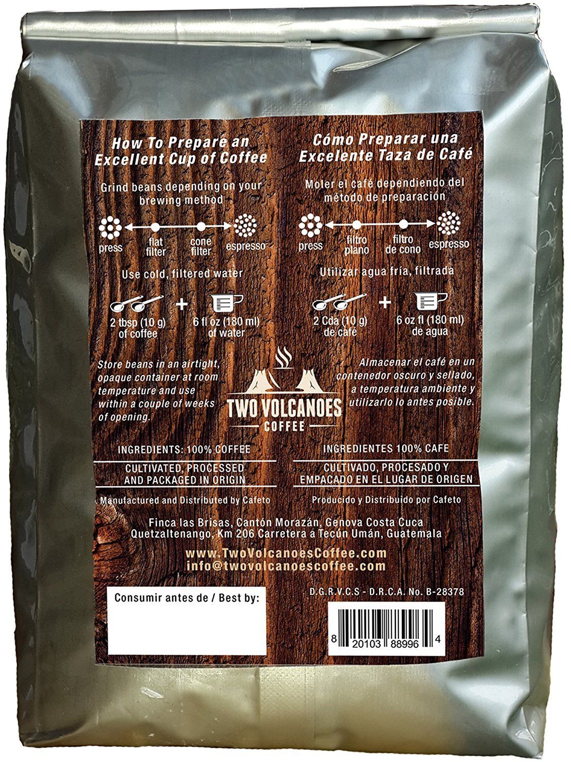 Two Volcanoes Whole Bean Coffee - 5 Lbs - Guatemalan Dark Roast Espresso Blend From Rare Gourmet Coffee Beans. Get The Kick, Enjoy the Smoothness!