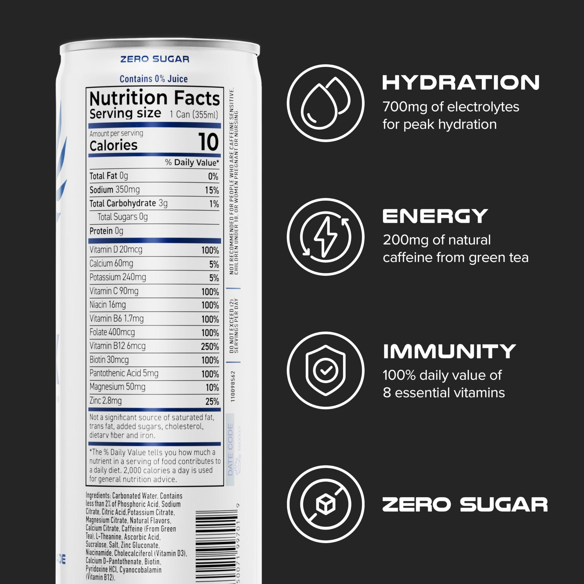 PHX Hydration Energy Drink - 700mg Electrolytes, 200mg Natural Green Tea Caffeine, 100% Daily Value 8 Essential Vitamins - 12 oz Cans (12 Pack) (12