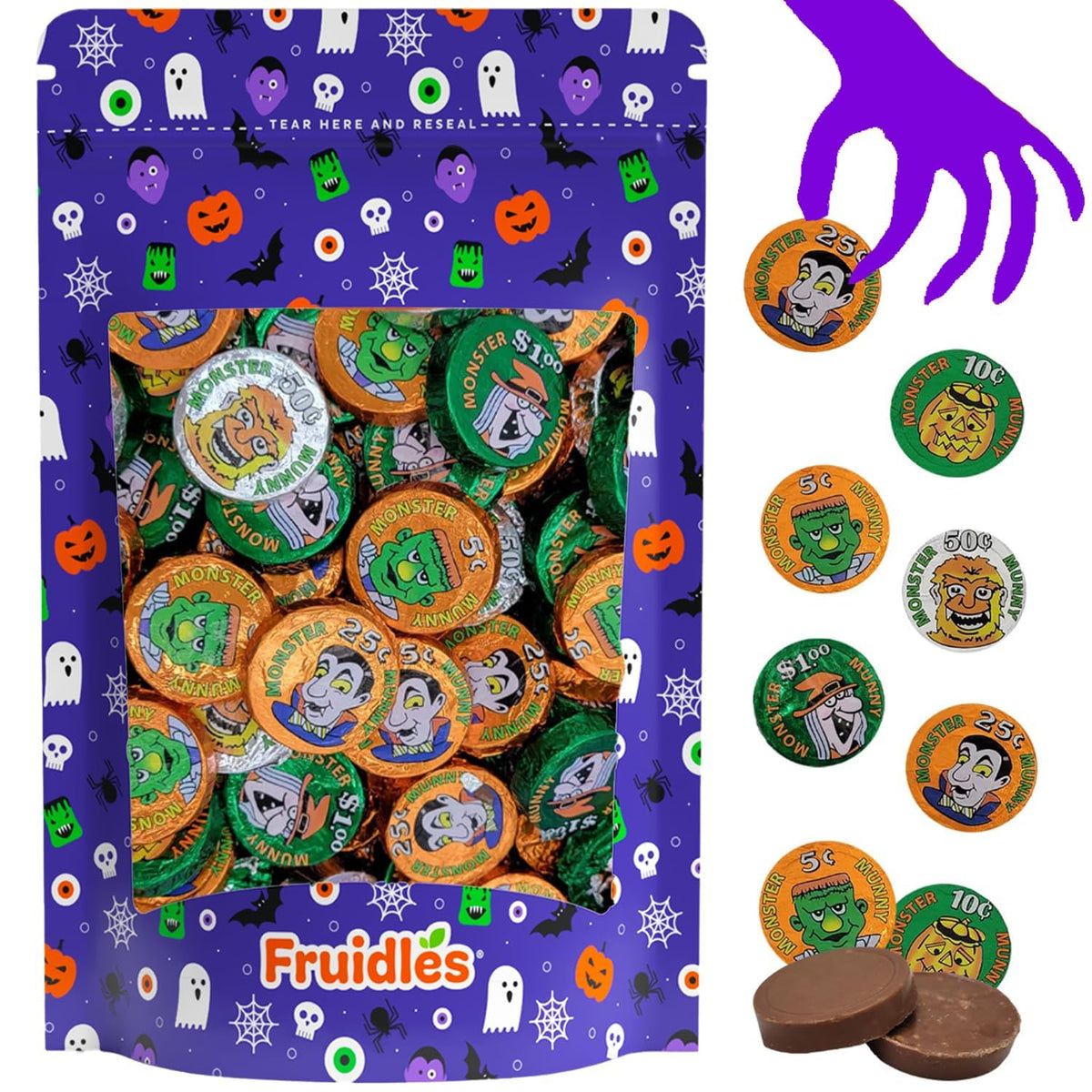 Fruidles Halloween Monster Money Coins Munny, Trick-Or-Treat Party Bag Fillers, Individually Wrapped in Orange, Green, Silver Coin Design Foils
