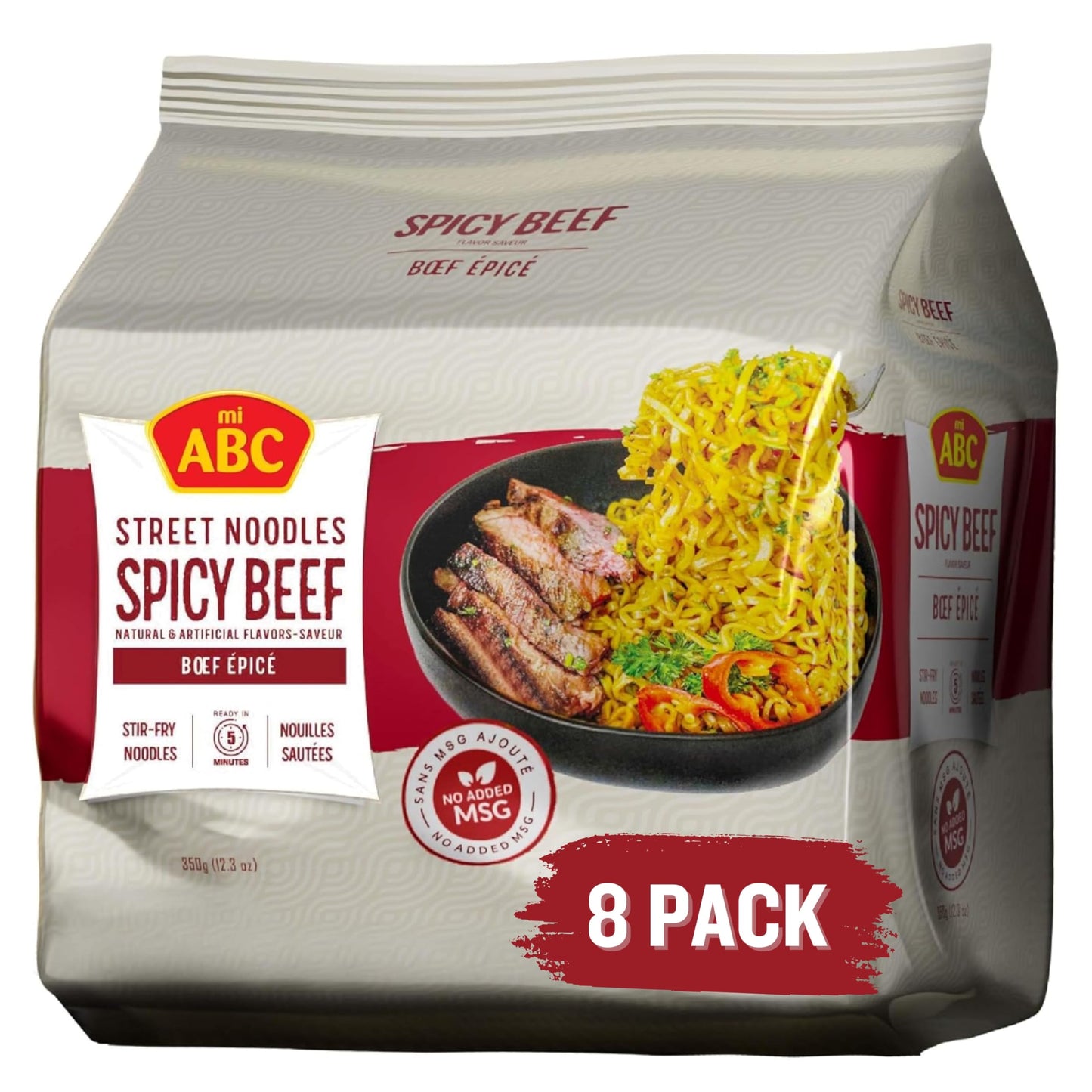 ABC Spicy Beef Street Noodles, 12.3 Oz (Pack of 8), Hot & Spicy Stir-Fry Instant Ramen, 8g Protein, No MSG, No Artificial Flavors or Colors, Halal