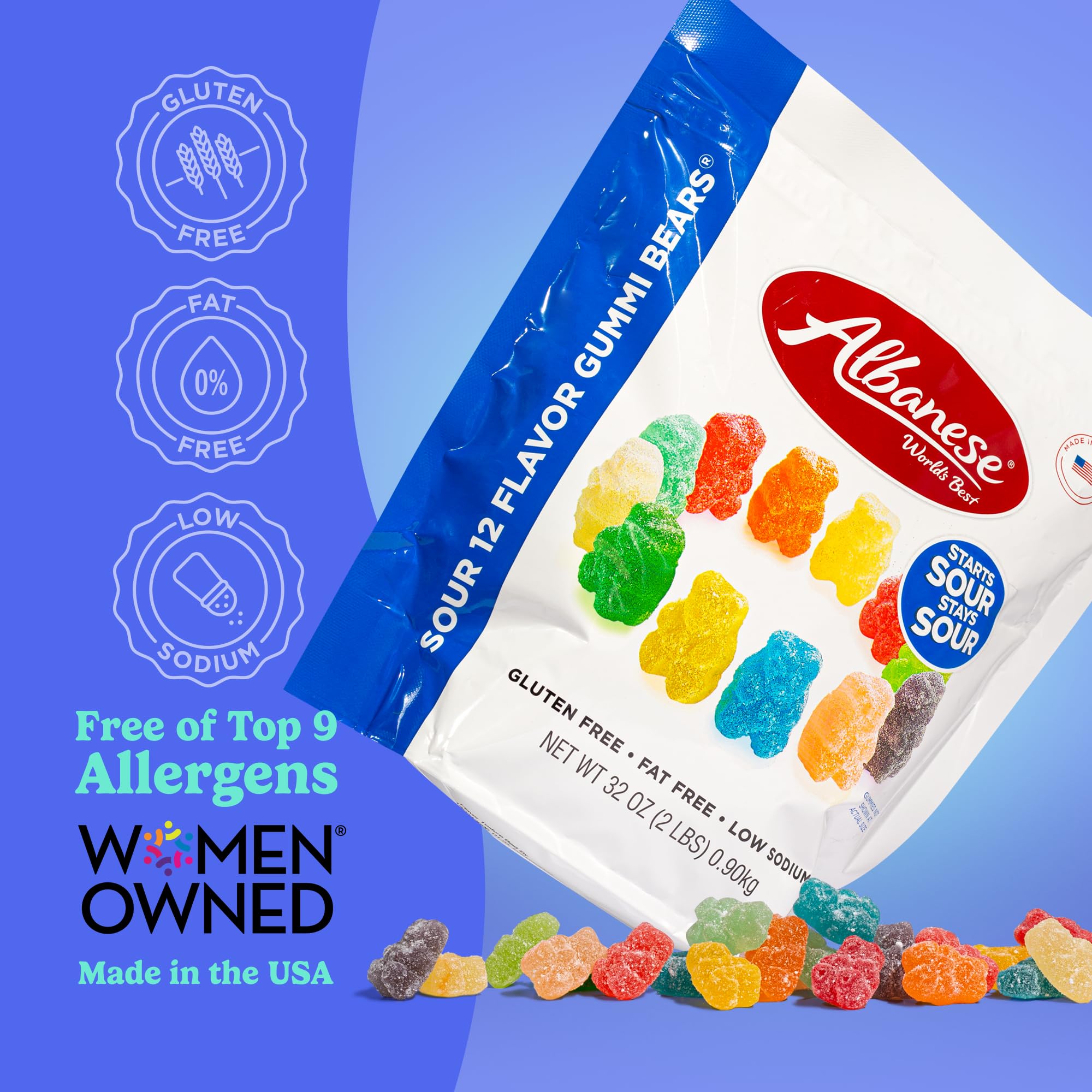 Albanese World's Best Sour 12 Flavor Gummi Bears | 32oz Bag of Candy | 12 Unique Super Sour Flavors, Gluten Free, Fat Free, Soft and Chewy Gummy Bears