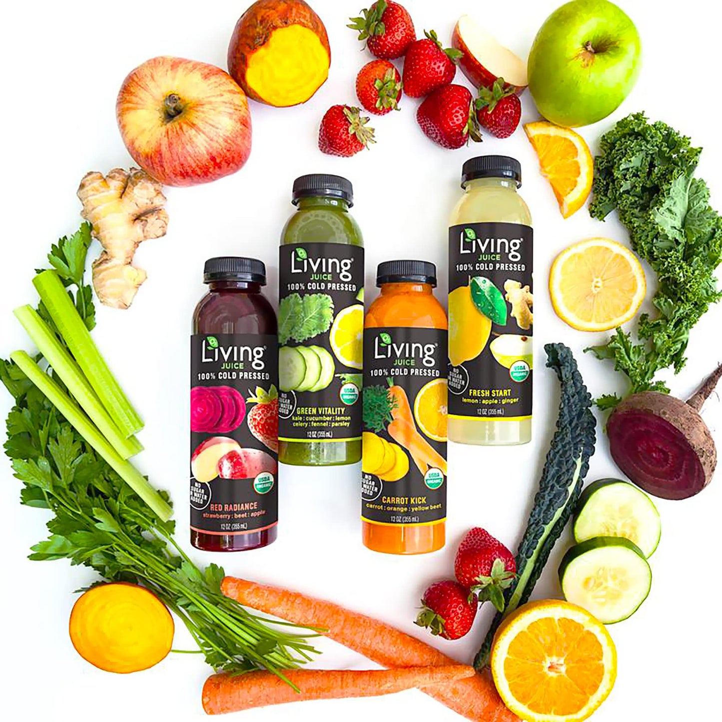 O2 Living Juice Cold Pressed Drink - Fresh Start Organic Juice Variety Pack - No Added Sugars or Water, Naturally Sweetened from Fruits, Rich in