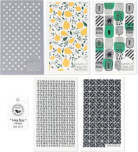 SIMPLYCASA Long 5?Pack Swedish Dishcloths - Reusable, Cellulose Sponge Dish Cloths for Washing Dishes, Paper Towel Replacement, Plastic-Free
