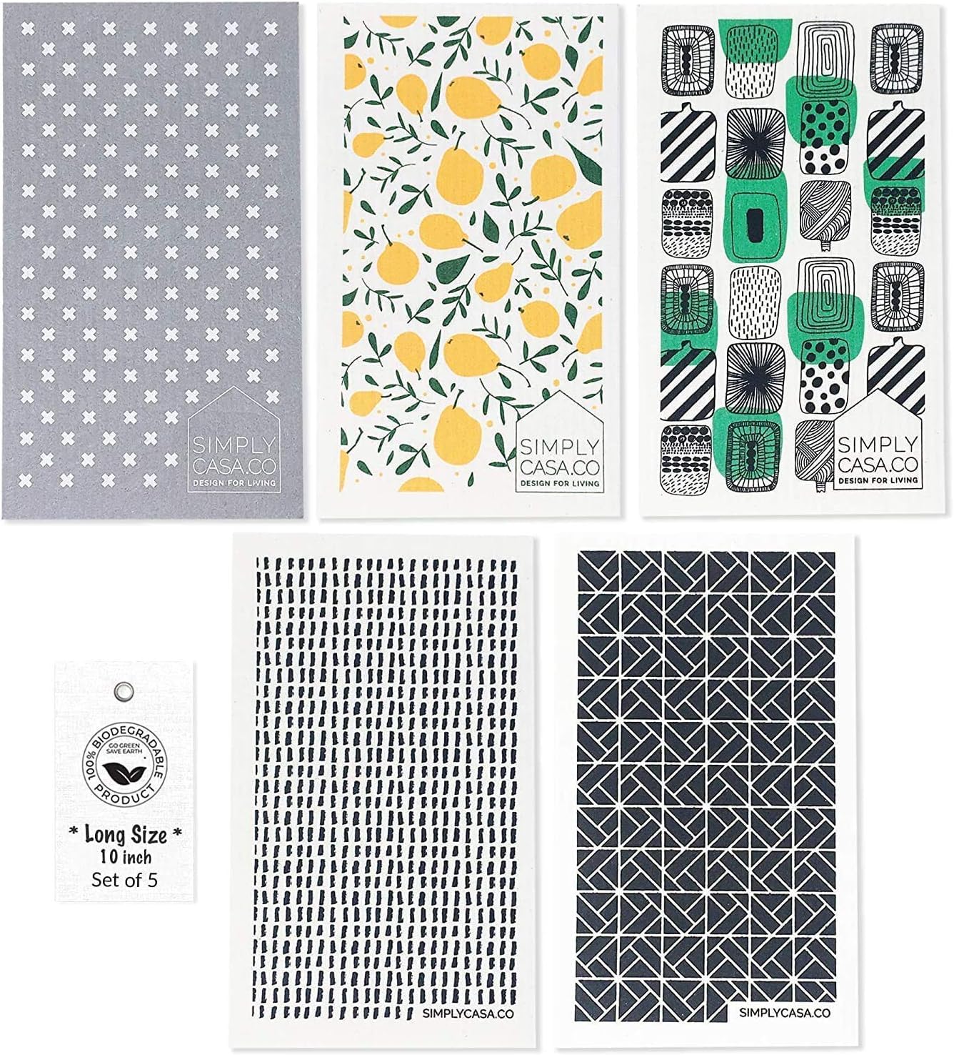 SIMPLYCASA Long 5?Pack Swedish Dishcloths - Reusable, Cellulose Sponge Dish Cloths for Washing Dishes, Paper Towel Replacement, Plastic-Free