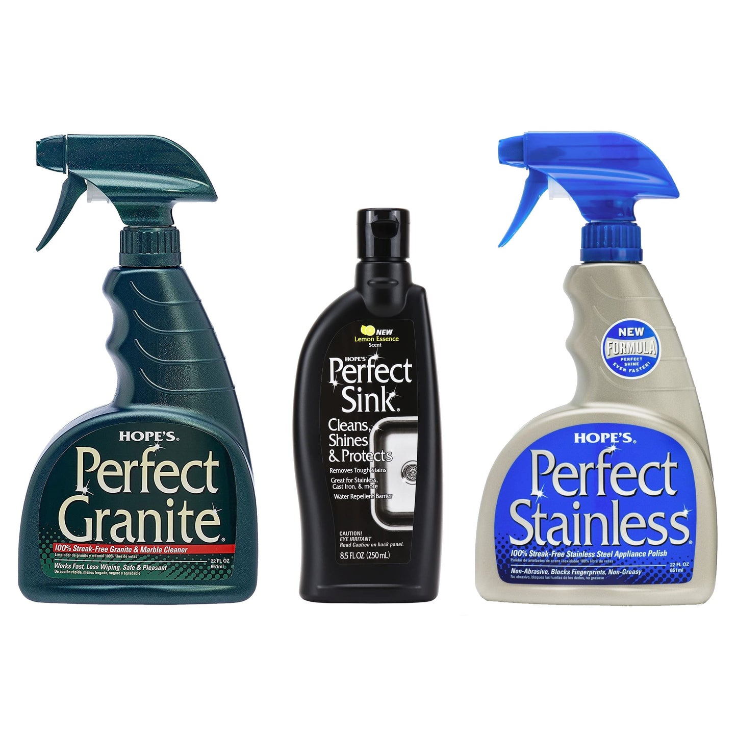 HOPE'S Perfect Stainless, Perfect Granite, and Perfect Sink Cleaner Bundle, Streak Free Polishing Kitchen Cleaners Removes Stains, Restores