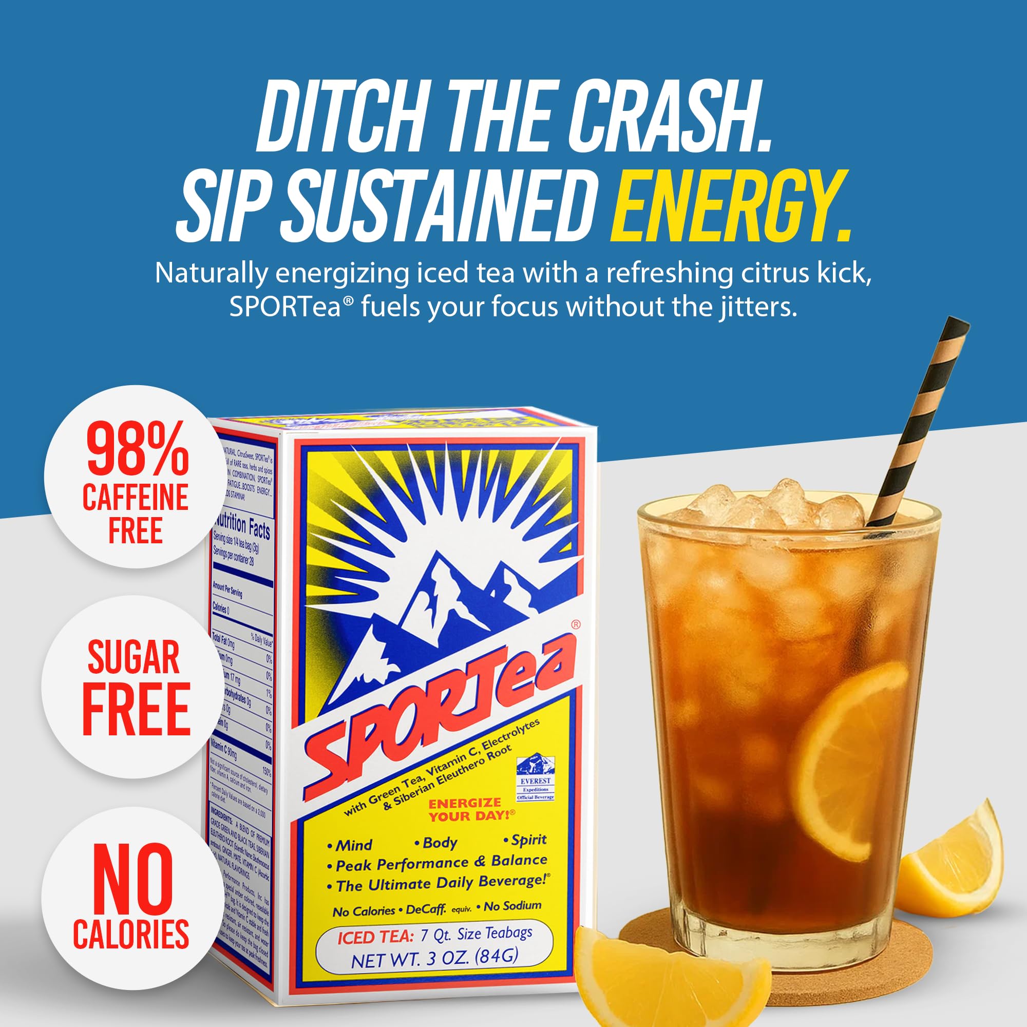 SPORTea Iced | Natural Decaf Energy Drink with Green & Black Tea, Vitamins, Minerals, Electrolytes, Yerba Mate & Siberian Ginseng | 7 Cold Brew Tea