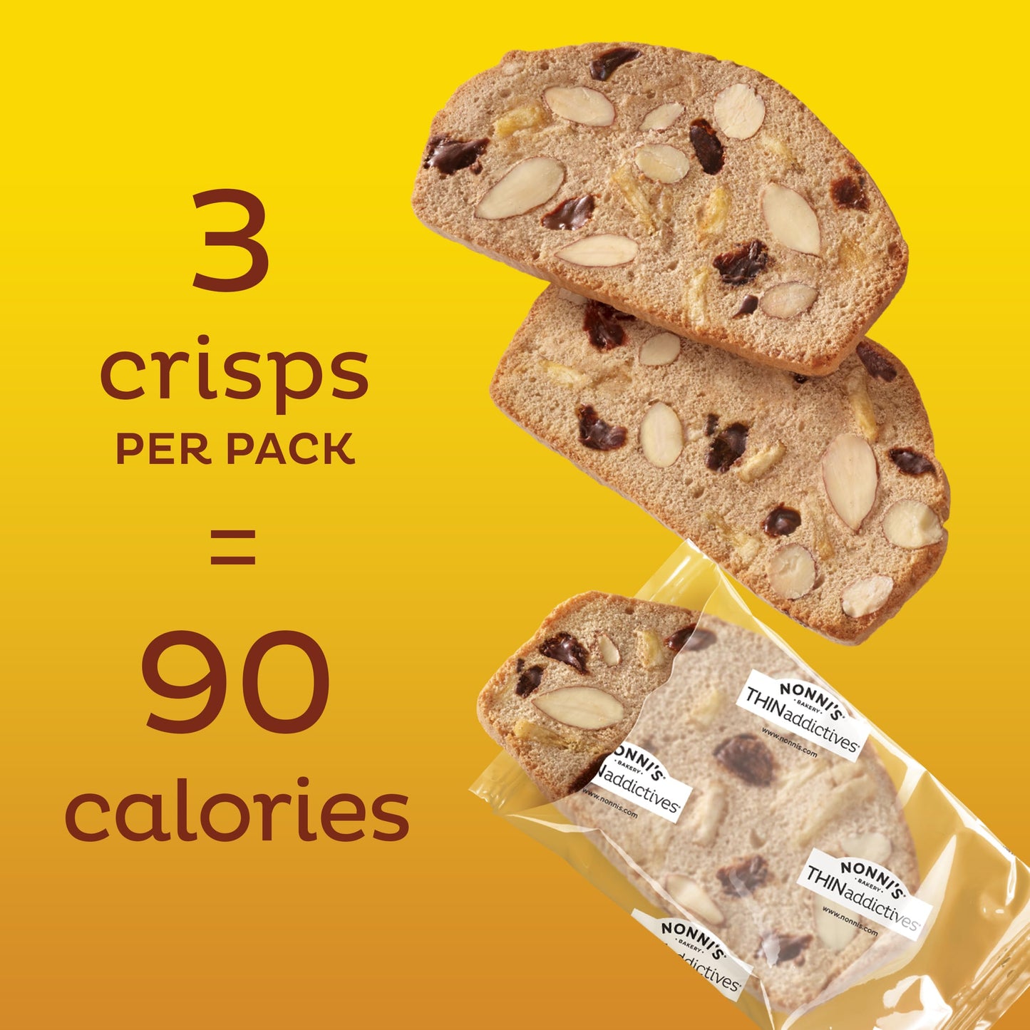 Nonni's THINaddictives Dark Chocolate Banana Nut Crisps 4.4 oz, Lightly Sweet Almond Snack, 6 On-the-Go Packs, 90 Calories, 3 Pack