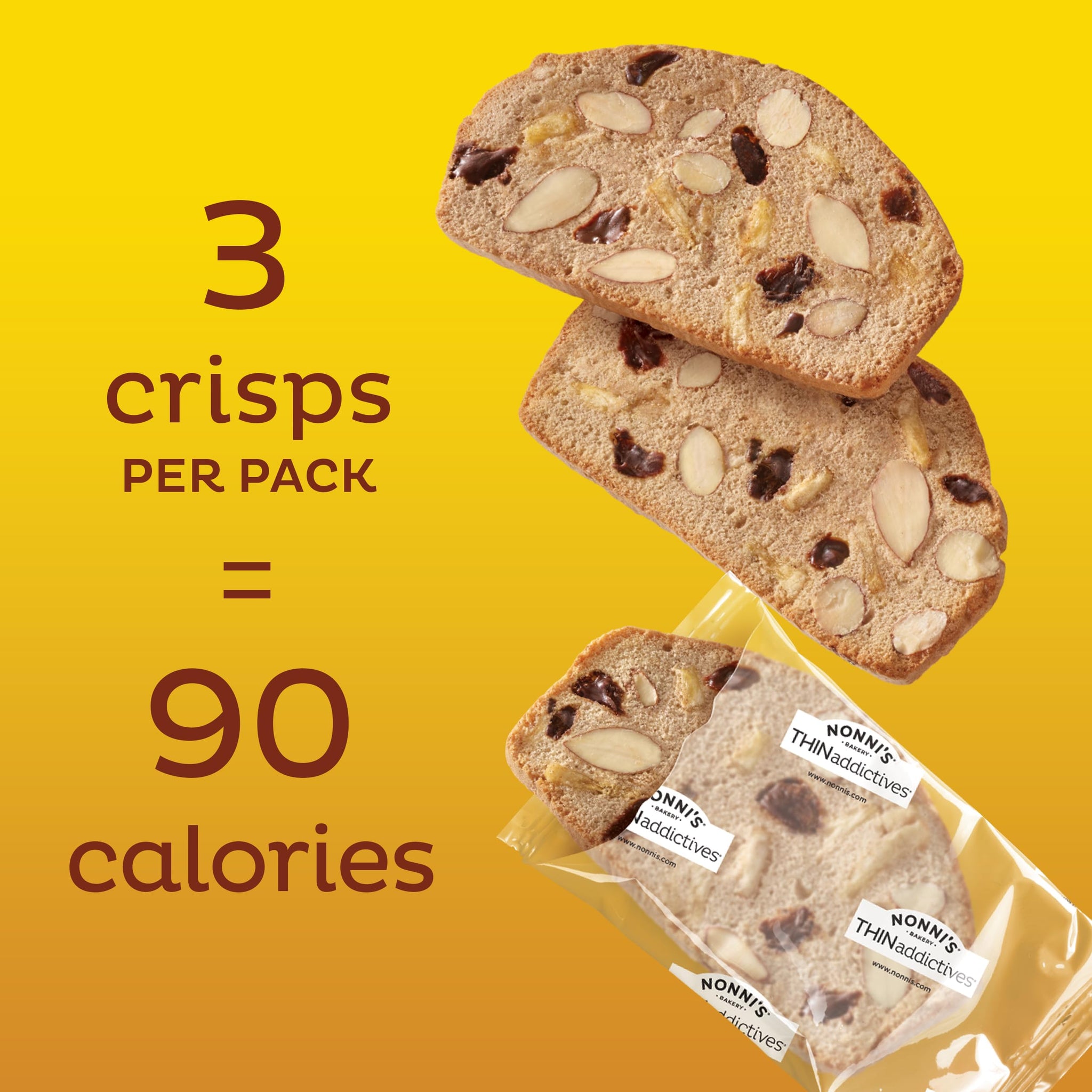 Nonni's THINaddictives Dark Chocolate Banana Nut Crisps 4.4 oz, Lightly Sweet Almond Snack, 6 On-the-Go Packs, 90 Calories, 3 Pack