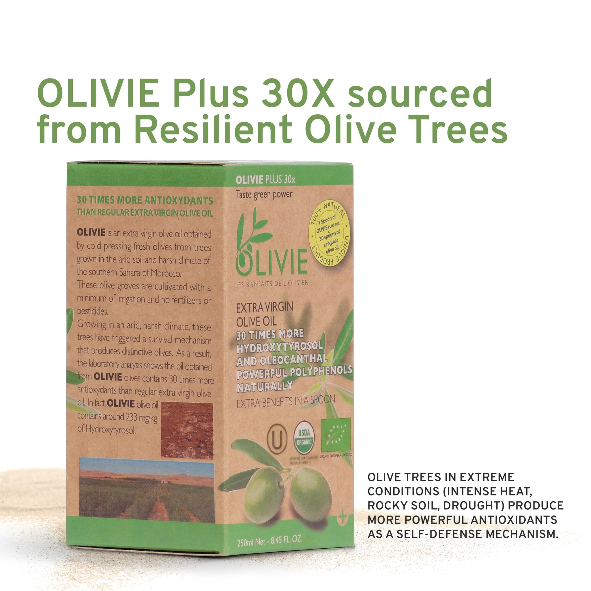 Organic High Polyphenol Extra Virgin Olive Oil, 30x More Hydroxytyrosol, Polyphenols 1250 mg/kg & Antioxidants, Research-Backed, OLIVIE PLUS 30X, Pure Cold Pressed EVOO, Heart Support, Kosher, 250ml