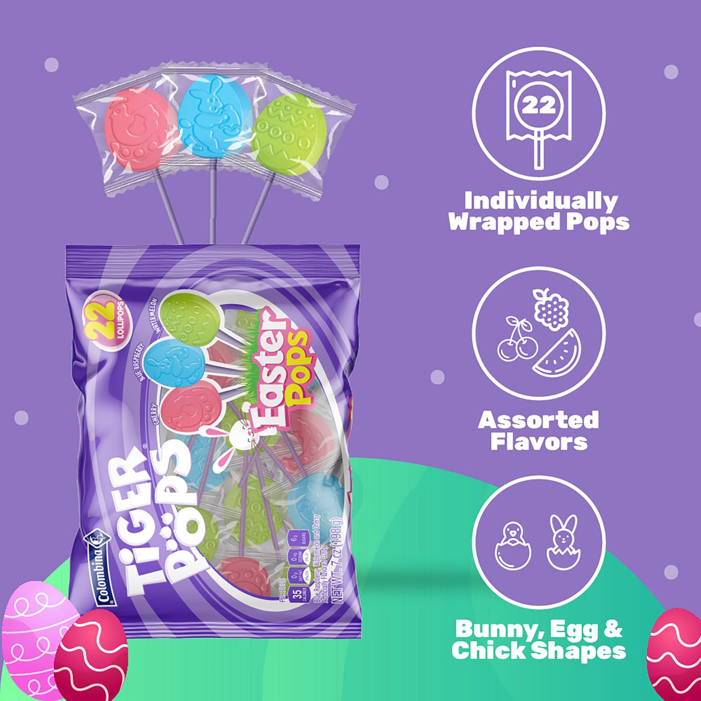 Colombina Tiger Easter Pops, Cherry, Blue Raspberry, and Watermelon Flavored, Individually Wrapped, Ideal for Easter Baskets or Eggfillers, 7oz (Pack