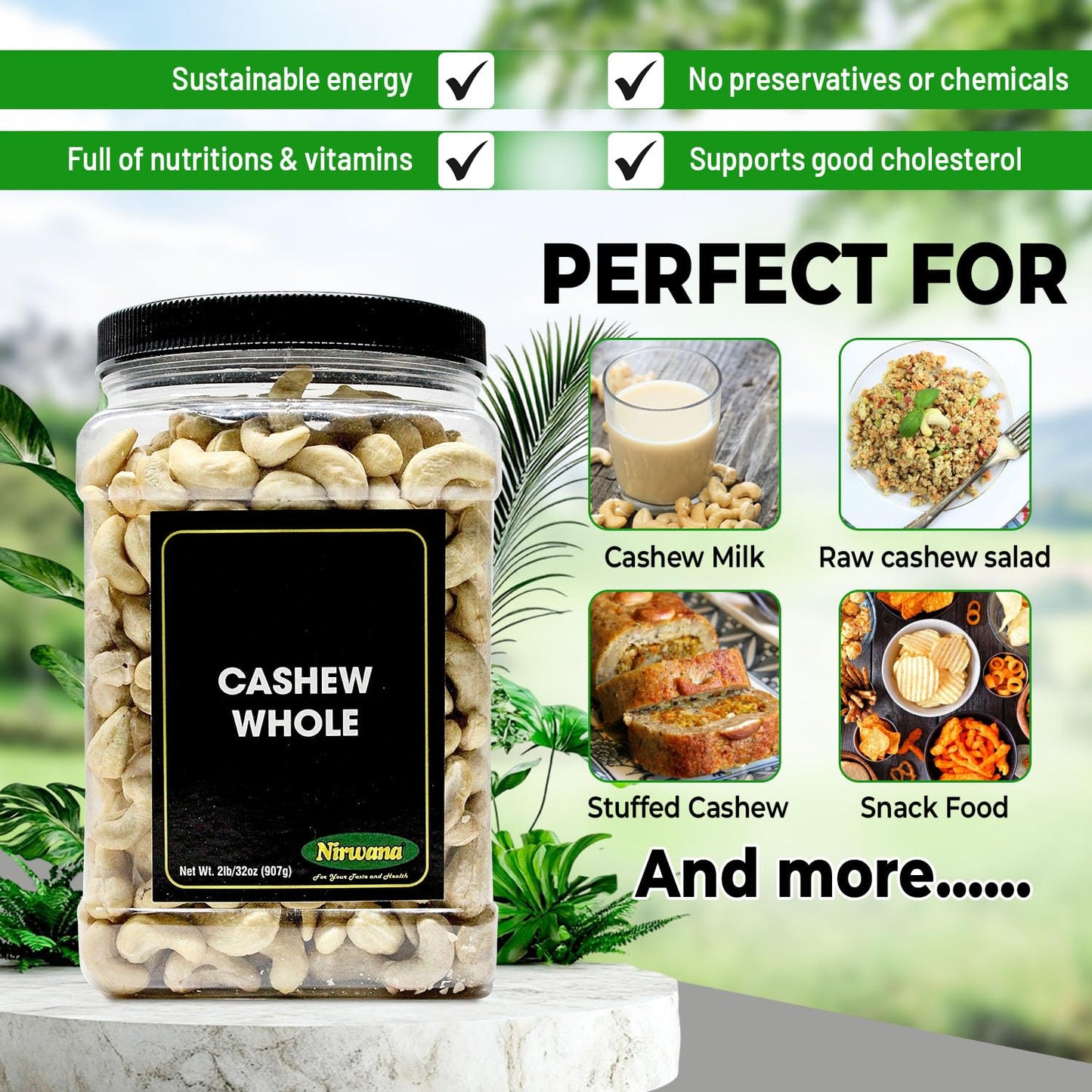 Raw Cashew - Premium Whole Nuts, Unsalted | Perfect for Snacks, Baking, and Dairy-Free Recipes | Keto-Friendly, High in Protein | 32 oz by Nirwana