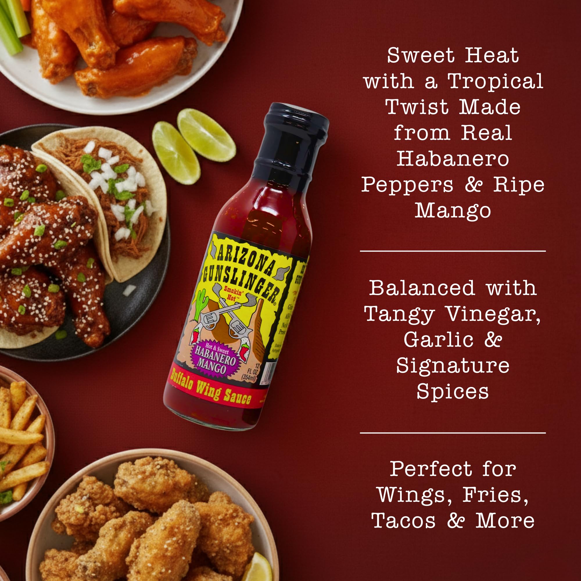 Arizona Gunslinger Habanero Mango Buffalo Wing Sauce Hot & Sweet - Spicy Condiment with Real Peppers and Mango Habanero Sauce, Organic Sweet Chili
