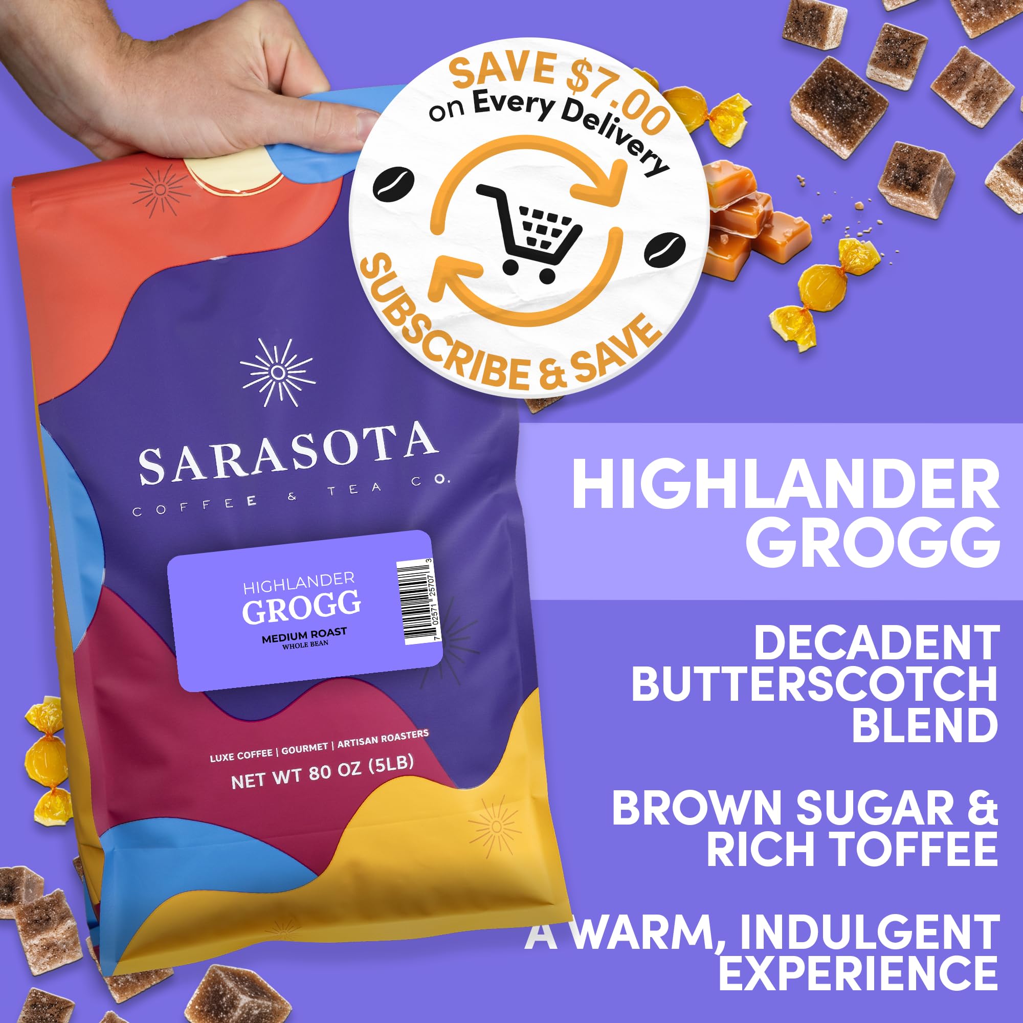 Sarasota Coffee Whole Bean Highlander Grogg | Medium Roast Gourmet Flavored Coffee Beans | Low Acid, Mold Free, Specialty Grade Flavored Bulk Beans |