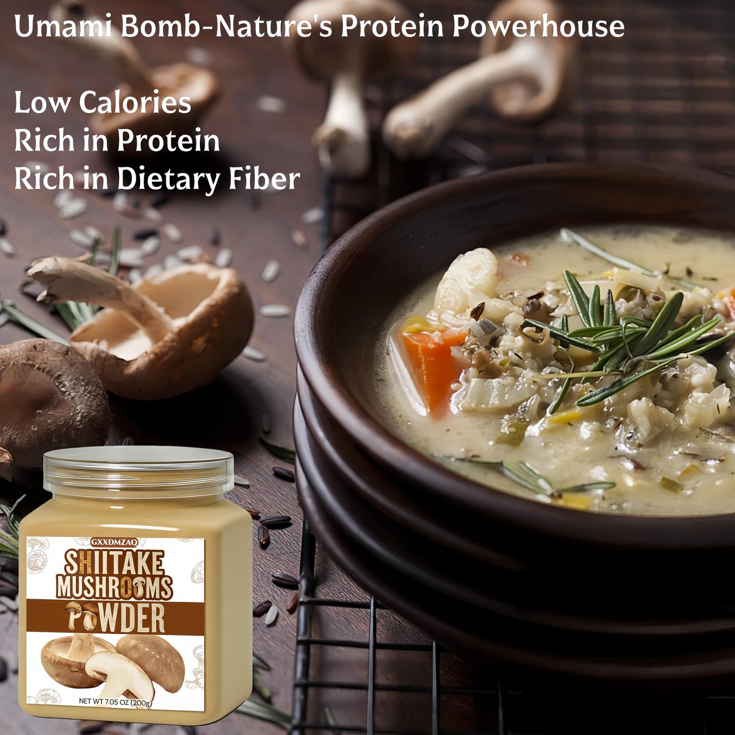 Shiitake Mushroom Powder, 7.05 oz (200g) - 100% Natural Umami food for Broth, Soup, Mushroom Coffee, Ramen & Sauces | No Salt, No MSG, Vegan