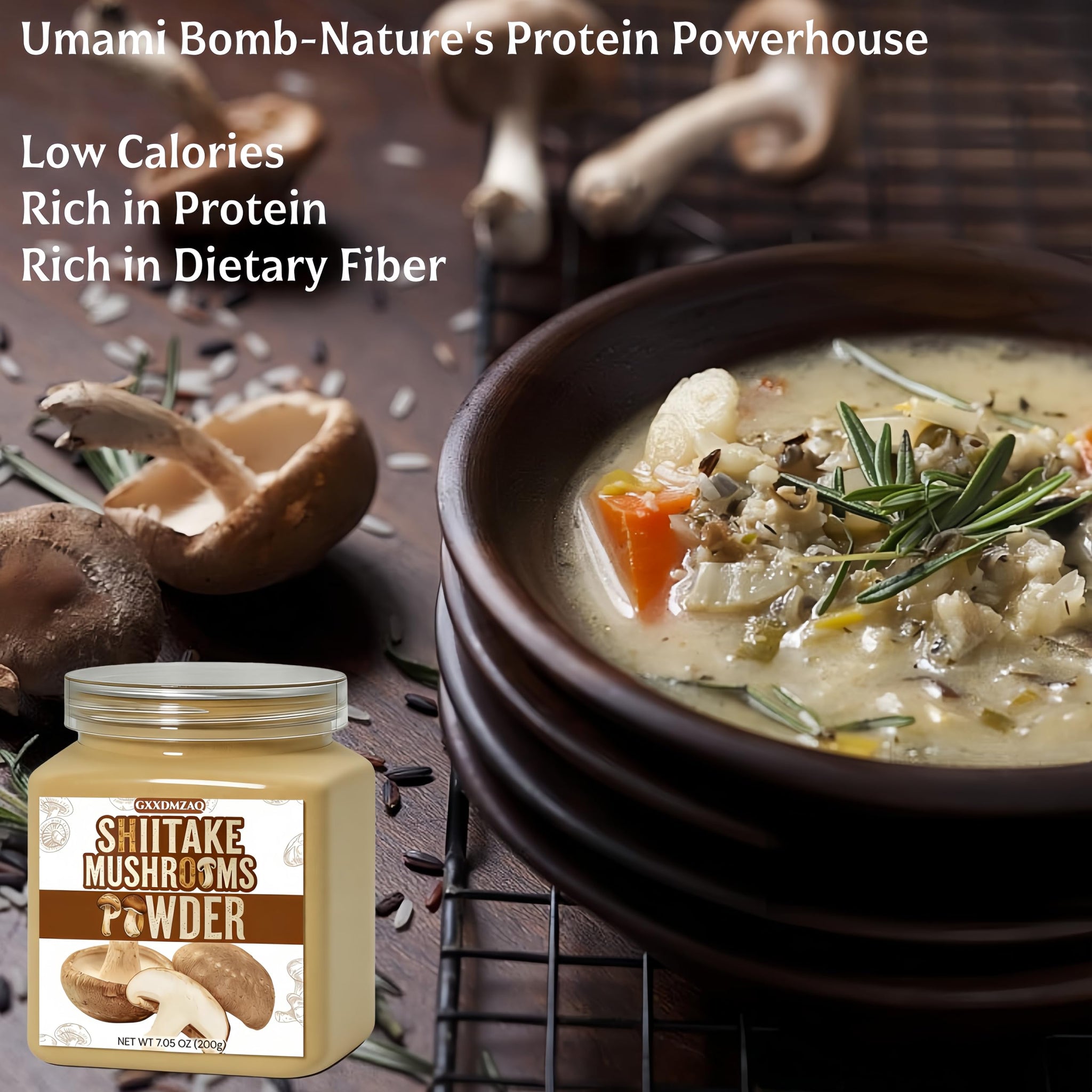 Shiitake Mushroom Powder, 7.05 oz (200g) - 100% Natural Umami food for Broth, Soup, Mushroom Coffee, Ramen & Sauces | No Salt, No MSG, Vegan