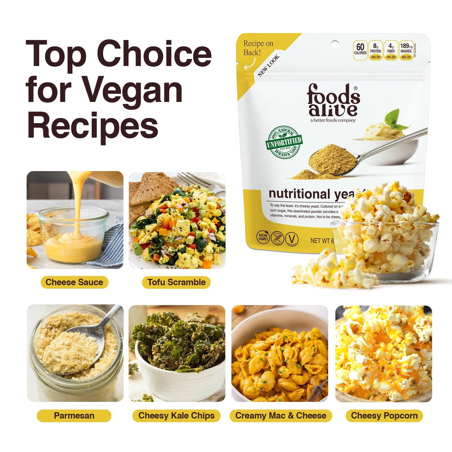 Foods Alive Nutritional Yeast Flakes (6oz) | Premium Non-Fortified, Plant Based Protein, Keto, Vegan Cheese Powder Seasoning
