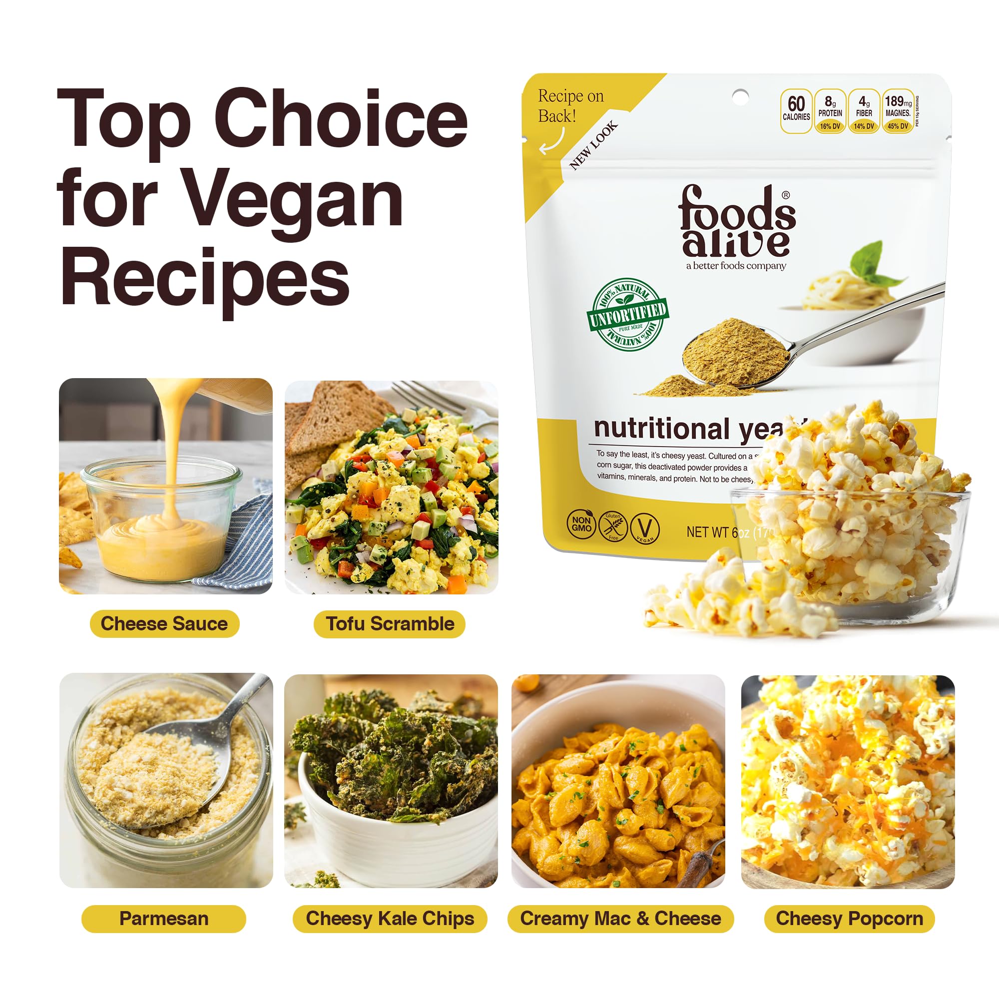 Foods Alive Nutritional Yeast Flakes (6oz) | Premium Non-Fortified, Plant Based Protein, Keto, Vegan Cheese Powder Seasoning
