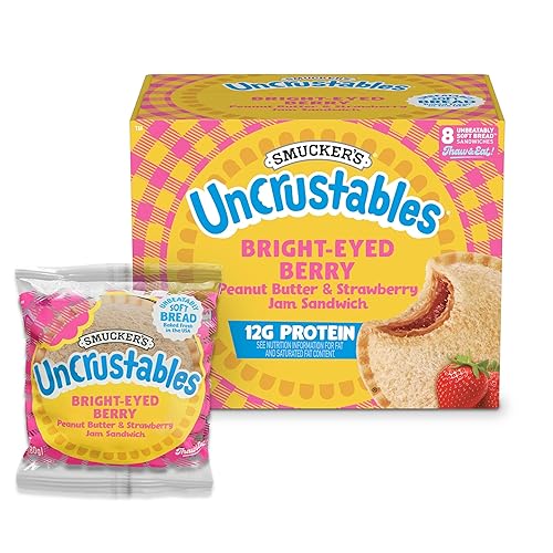 Smucker’s Uncrustables Bright-Eyed Berry Morning Protein Snacks, Peanut Butter & Strawberry Jam Sandwiches on Wheat Bread, 8 Count, 2.8 Oz. Each