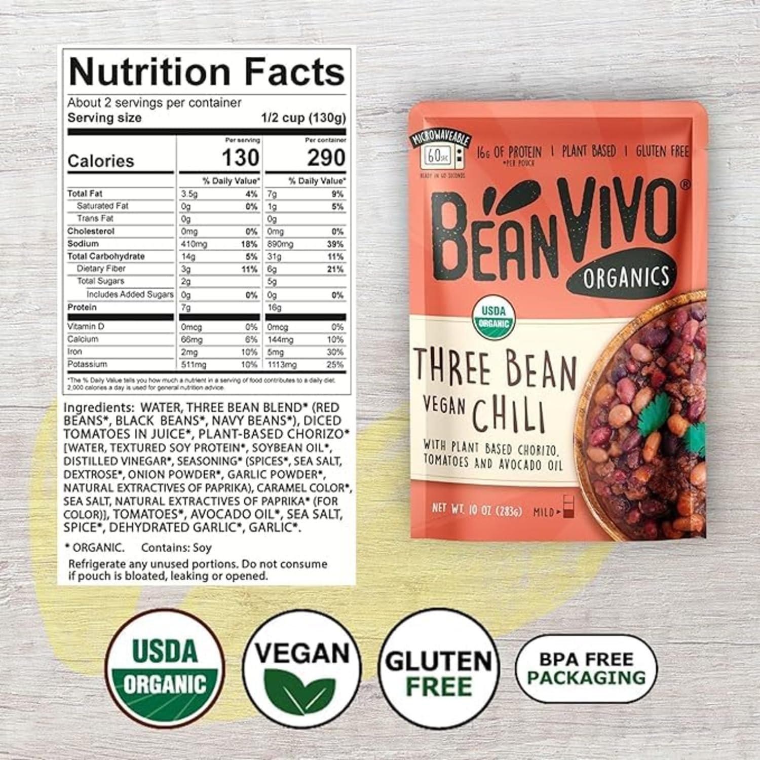 BeanVIVO (Pack of 3) Organics 16g Plant based Protein Three Bean Vegan Chili - Good Source of Fiber - Nutritious & Microwave Meals - Gluten-Free Plant