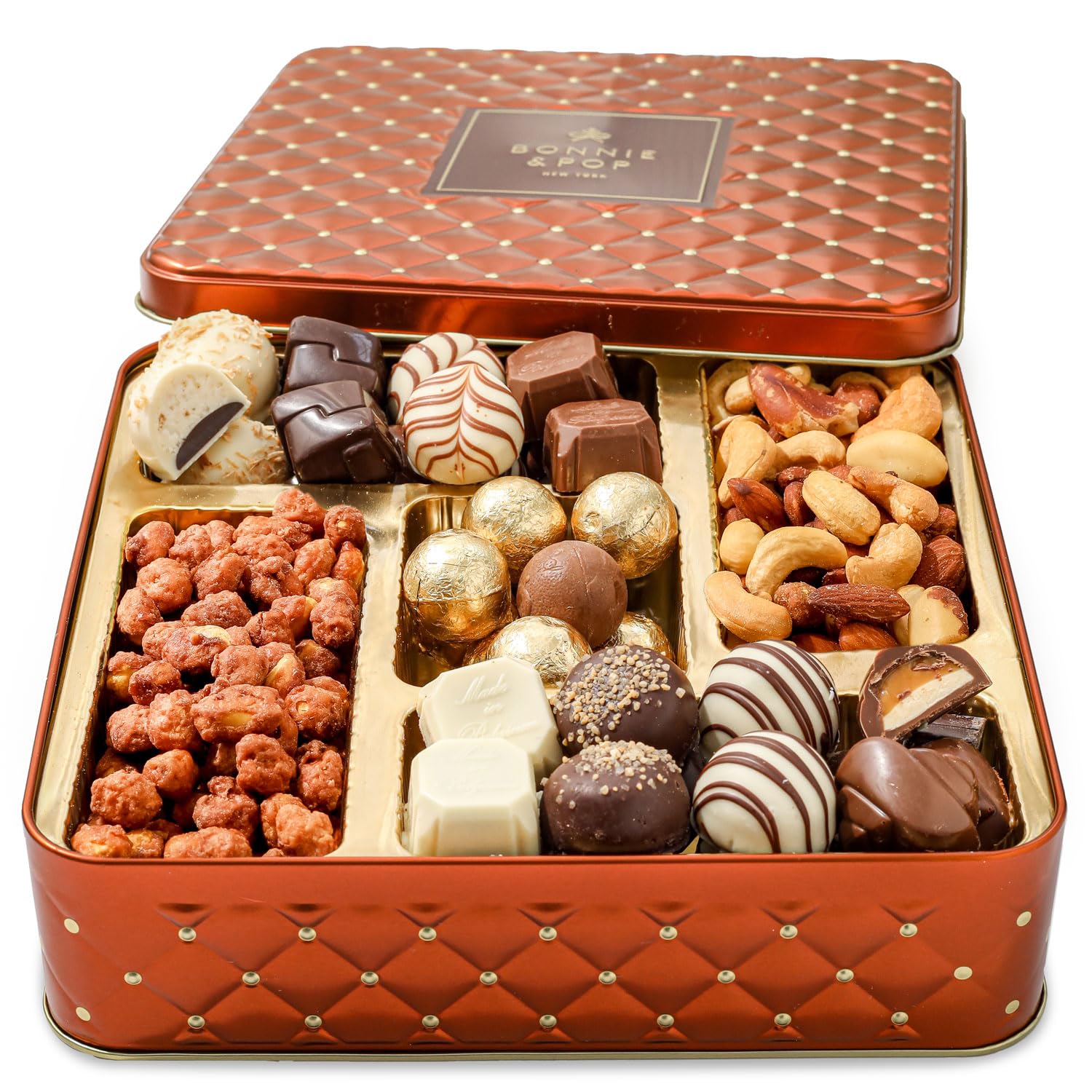 Gourmet Chocolate & Nut Gift Basket - Assorted Individually Wrapped Chocolates, Truffles, Cashews, Peanuts & Salty Nut Mix - Keepsake Gift Tin
