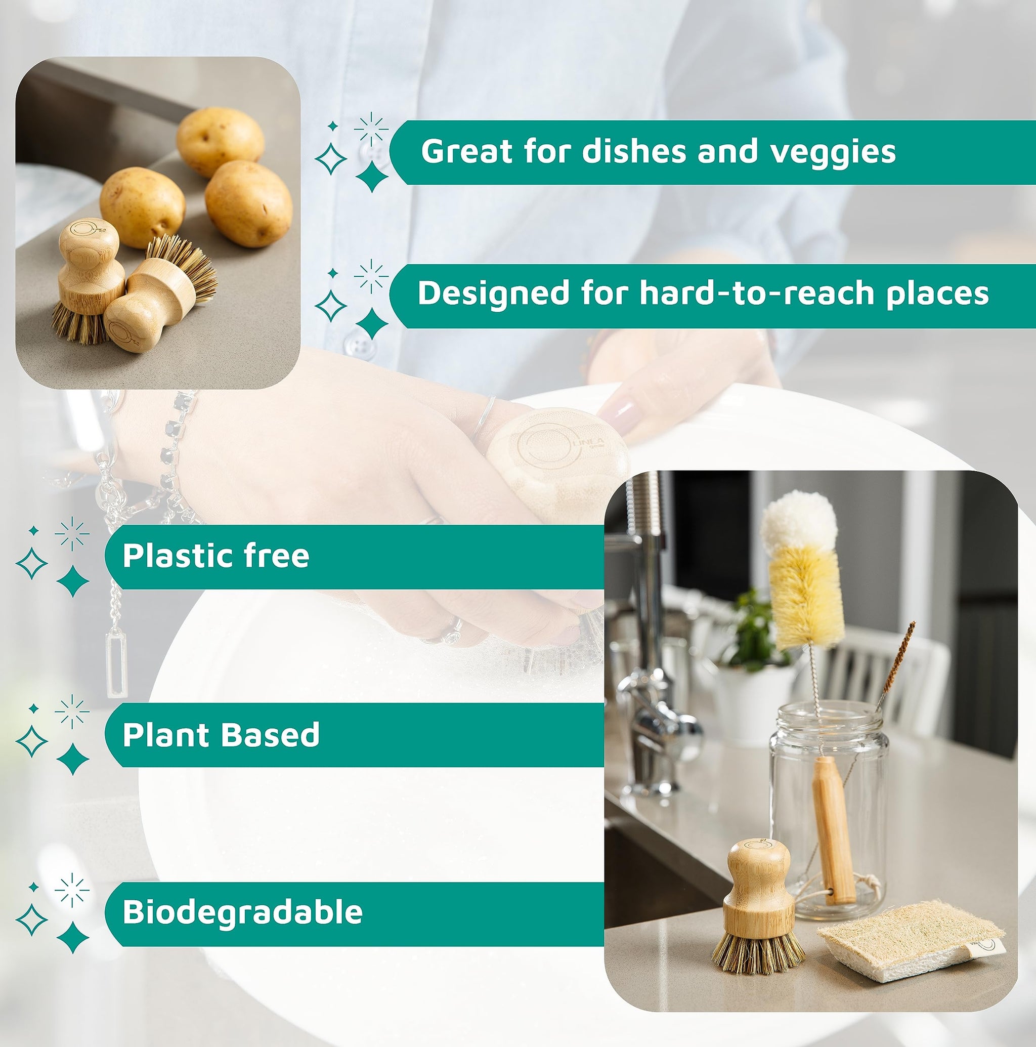Bamboo Dish Brush Set - Eco Kitchen Cleaning Kit | Bottle Brush, Straw Brush, Scrubber & Sponge | Plastic-Free, Space-Saving, Sustainable