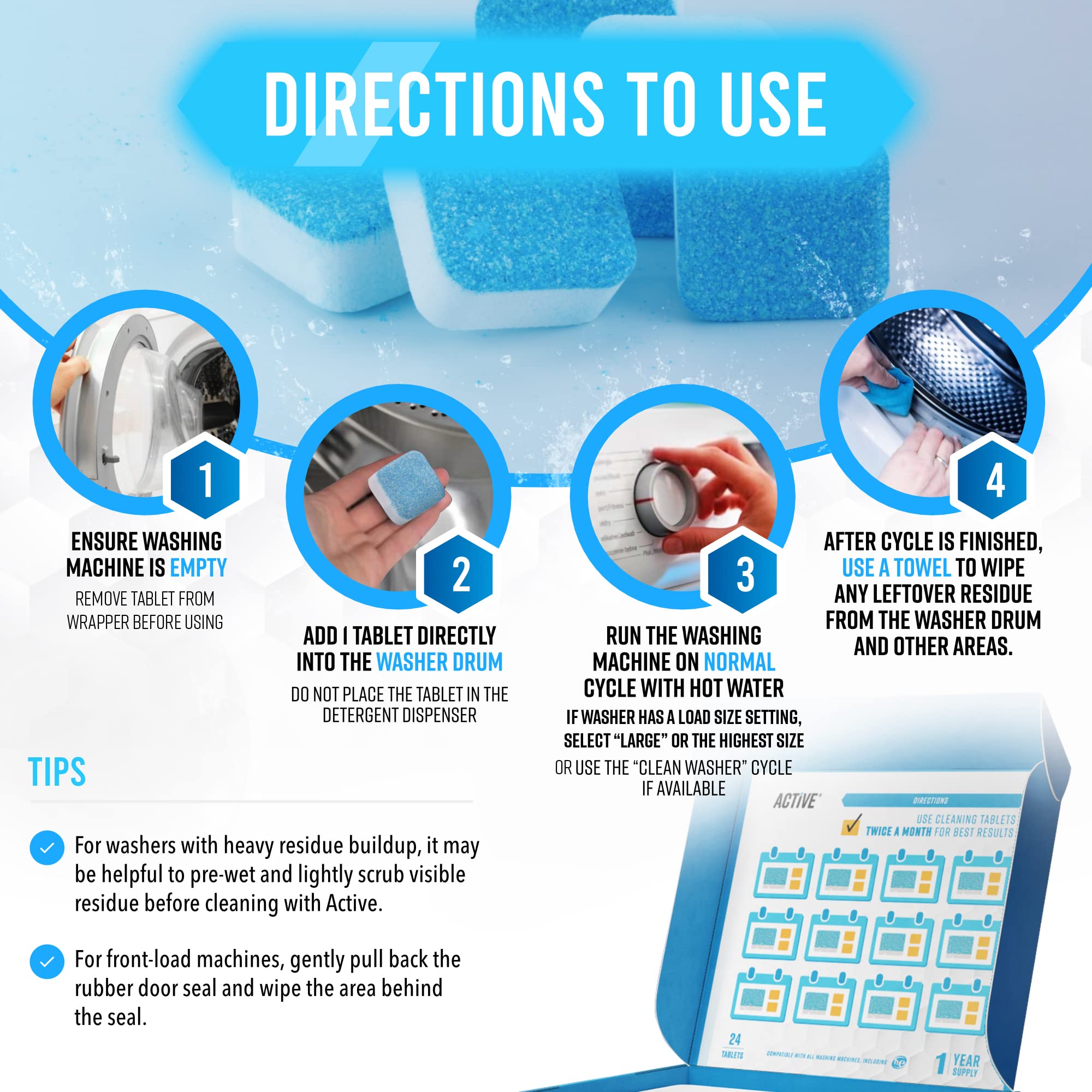 Washing Machine Cleaner Descaler 24 Pack - Deep Cleaning Tablets For HE Front Loader & Top Load Washer, Septic Safe Eco-Friendly Deodorizer, Clean