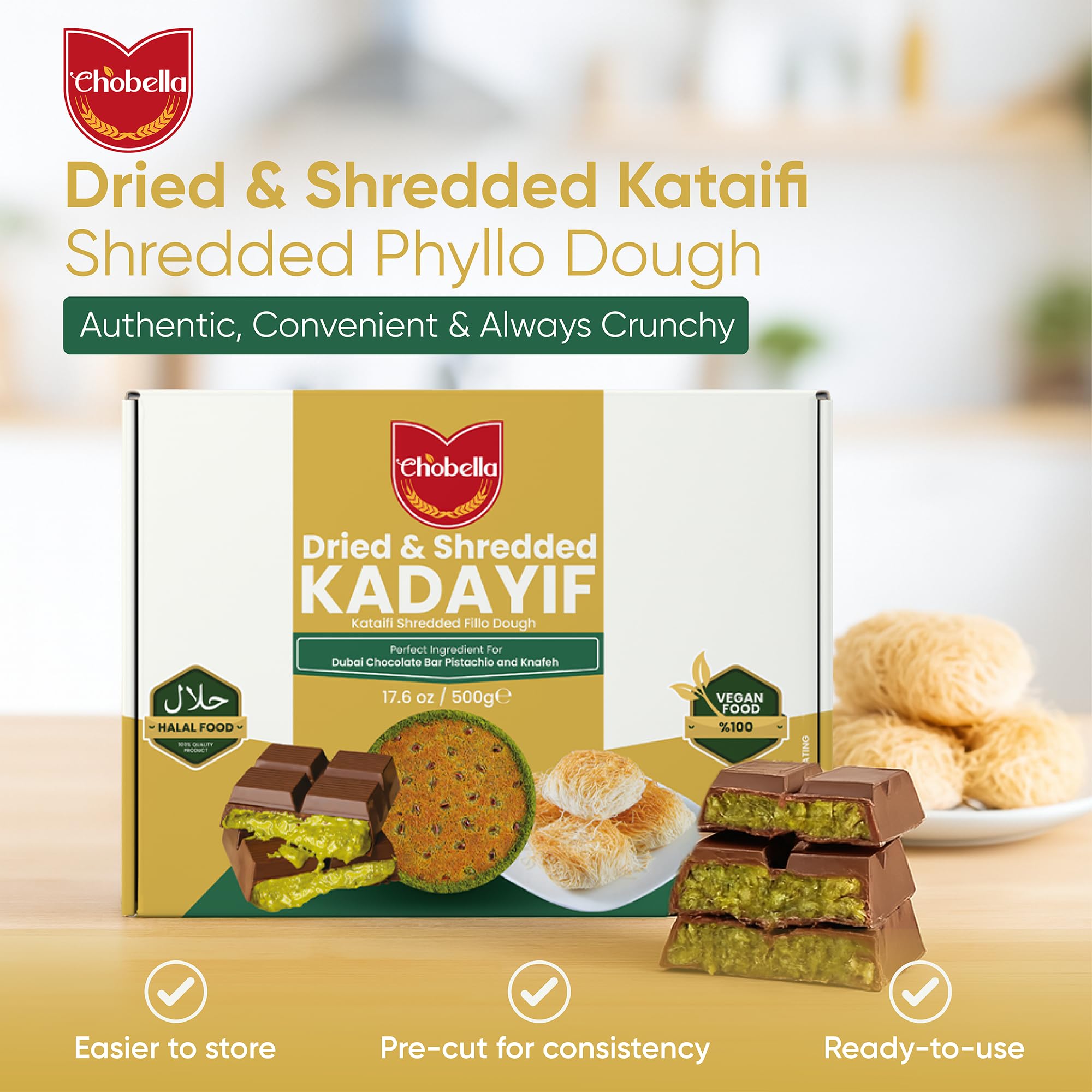 Chobella Premium Dried & Shredded Kataifi Fillo Dough, 500g (1.1lb), Kurutulmus Kadayif Pastry Dough, Ingredient for The Viral Dubai Pistachio