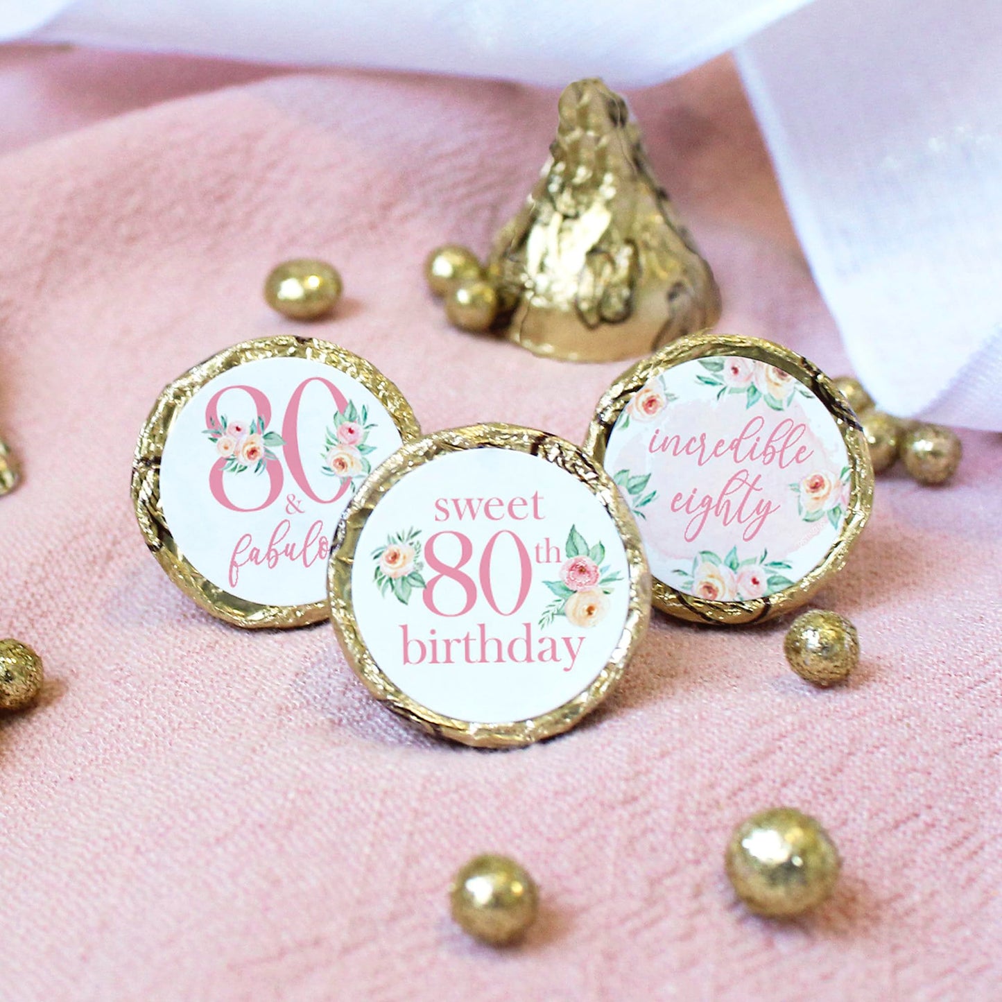 Pink Floral 80th Birthday Chocolate Kisses Candy Stickers, Pink 80 and Fabulous Birthday Party Favor Labels - 180 Count