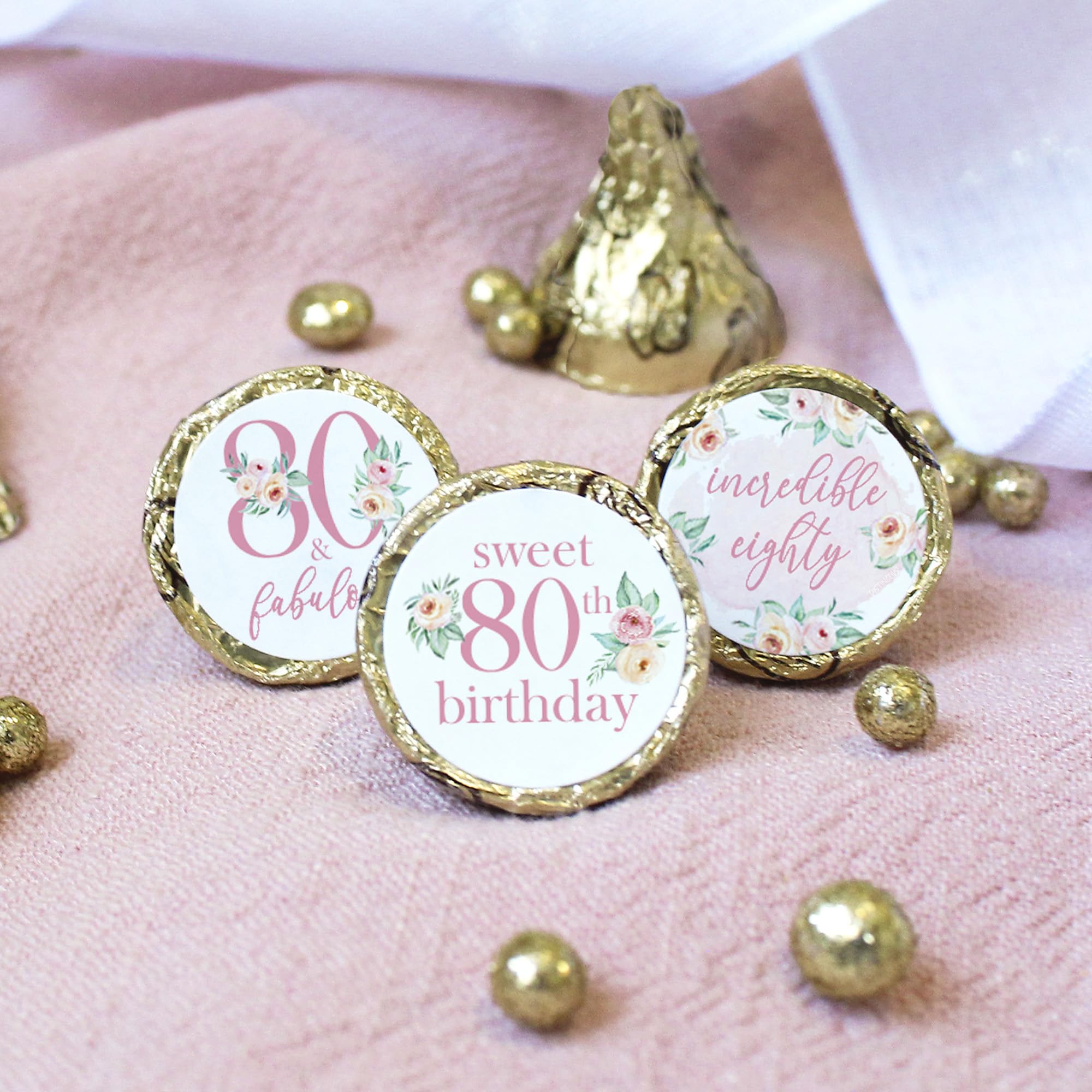 Pink Floral 80th Birthday Chocolate Kisses Candy Stickers, Pink 80 and Fabulous Birthday Party Favor Labels - 180 Count