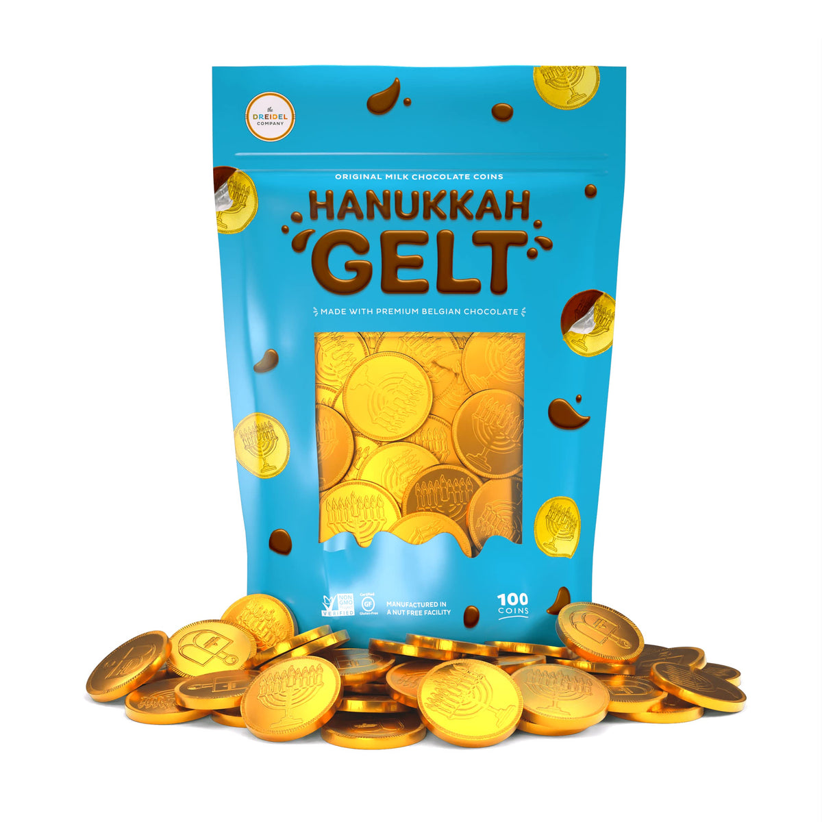 The Dreidel Company 100-Pack Chocolate Coins, Hanukkah Gelt, Gold Coins,With Dreidel and Menorah Designs Made with Belgian Ingredients, Gluten Free