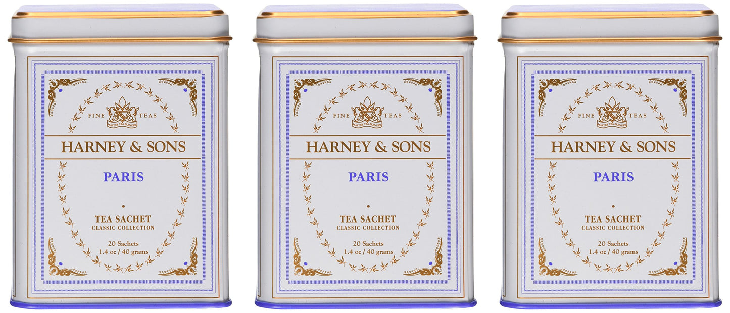 Harney & Sons Paris Black Tea Sachet Collection, All Natural - Classic Tin of 20 Sachets, 1.4 Ounce 20 Count (Pack of 3)
