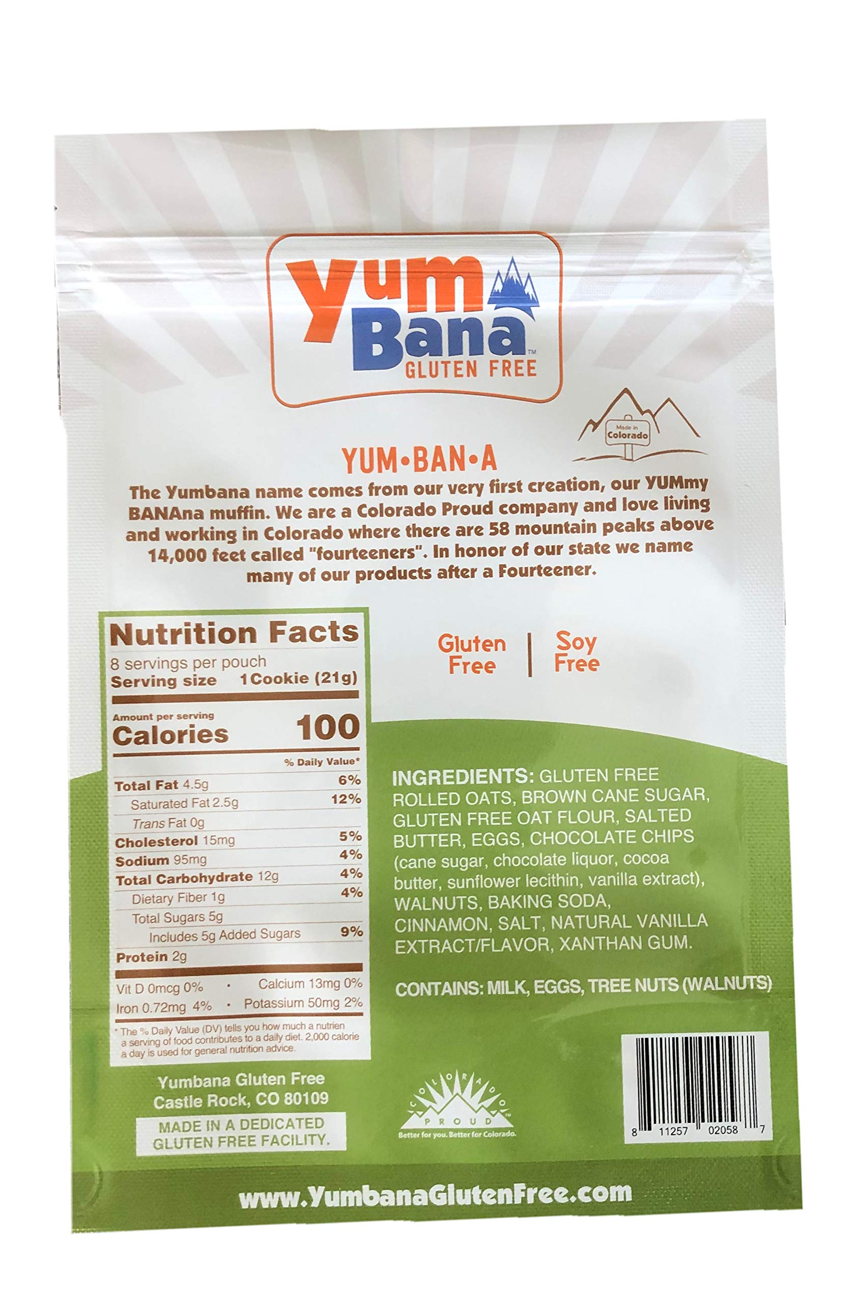 Yumbana Gluten Free Oatmeal Walnut Chip Cookies - Soy Free Cookies - No Artificial Flavors or Preservatives - Great for Snacks and Parties - 2 Pack
