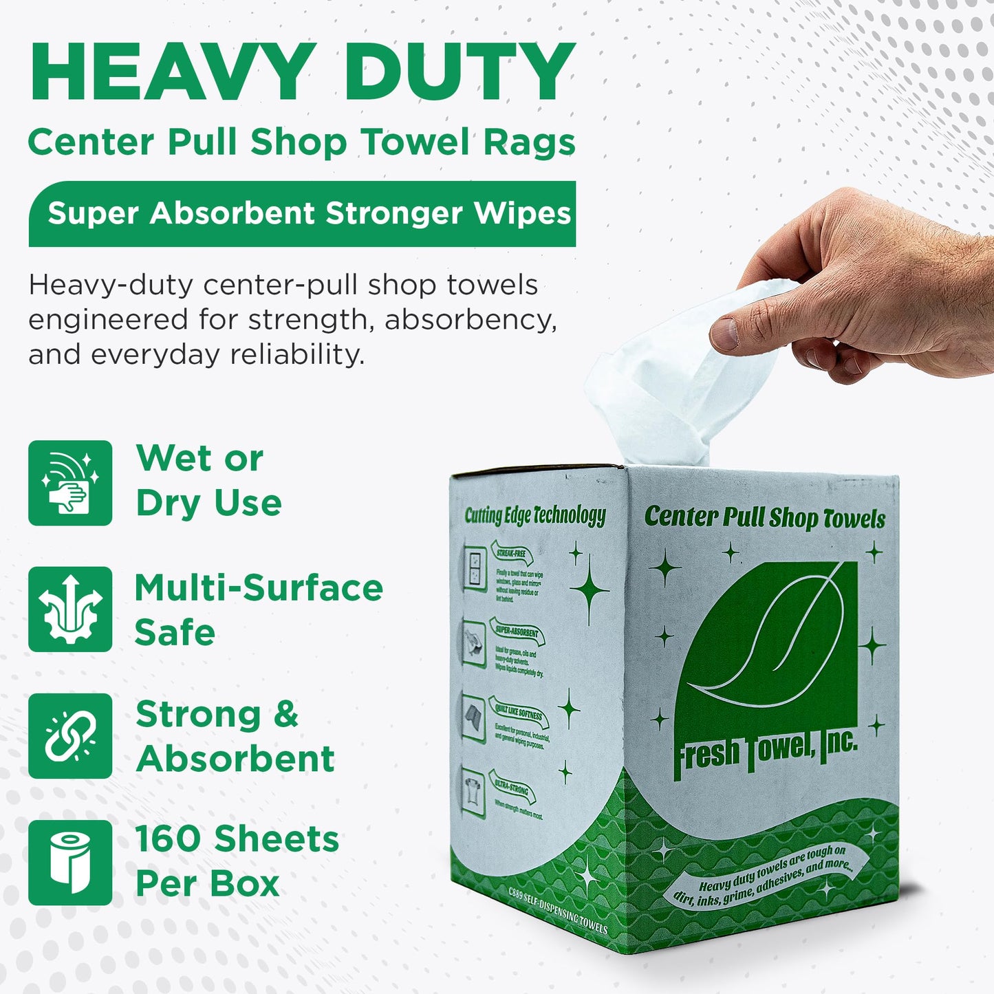 Fresh Towel Ultra Strong Center Pull Shop Towels - (1 Box of 300) Disposable Cleaning Towels - White, 9 x 12 inches - FT500