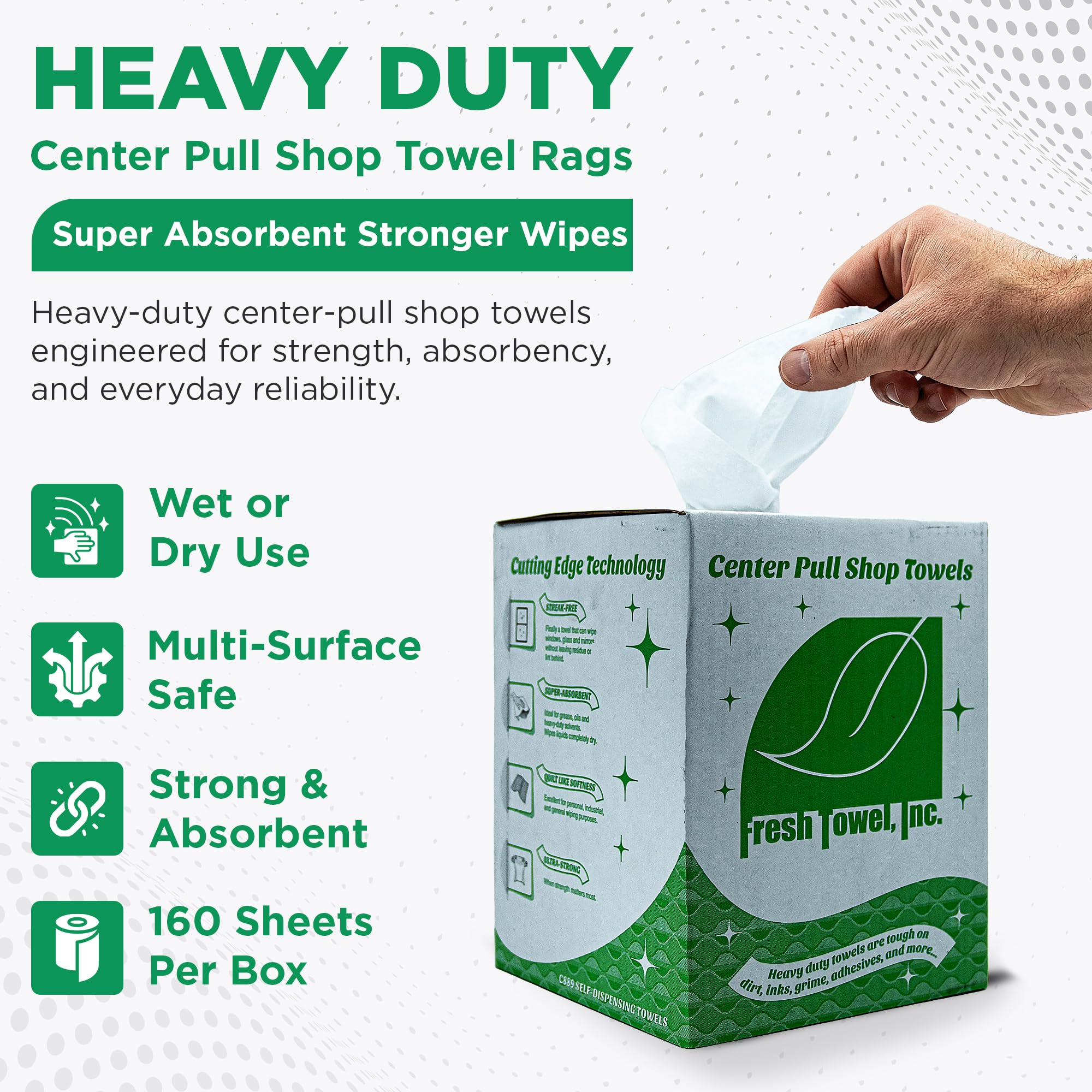 Fresh Towel Ultra Strong Center Pull Shop Towels - (1 Box of 300) Disposable Cleaning Towels - White, 9 x 12 inches - FT500