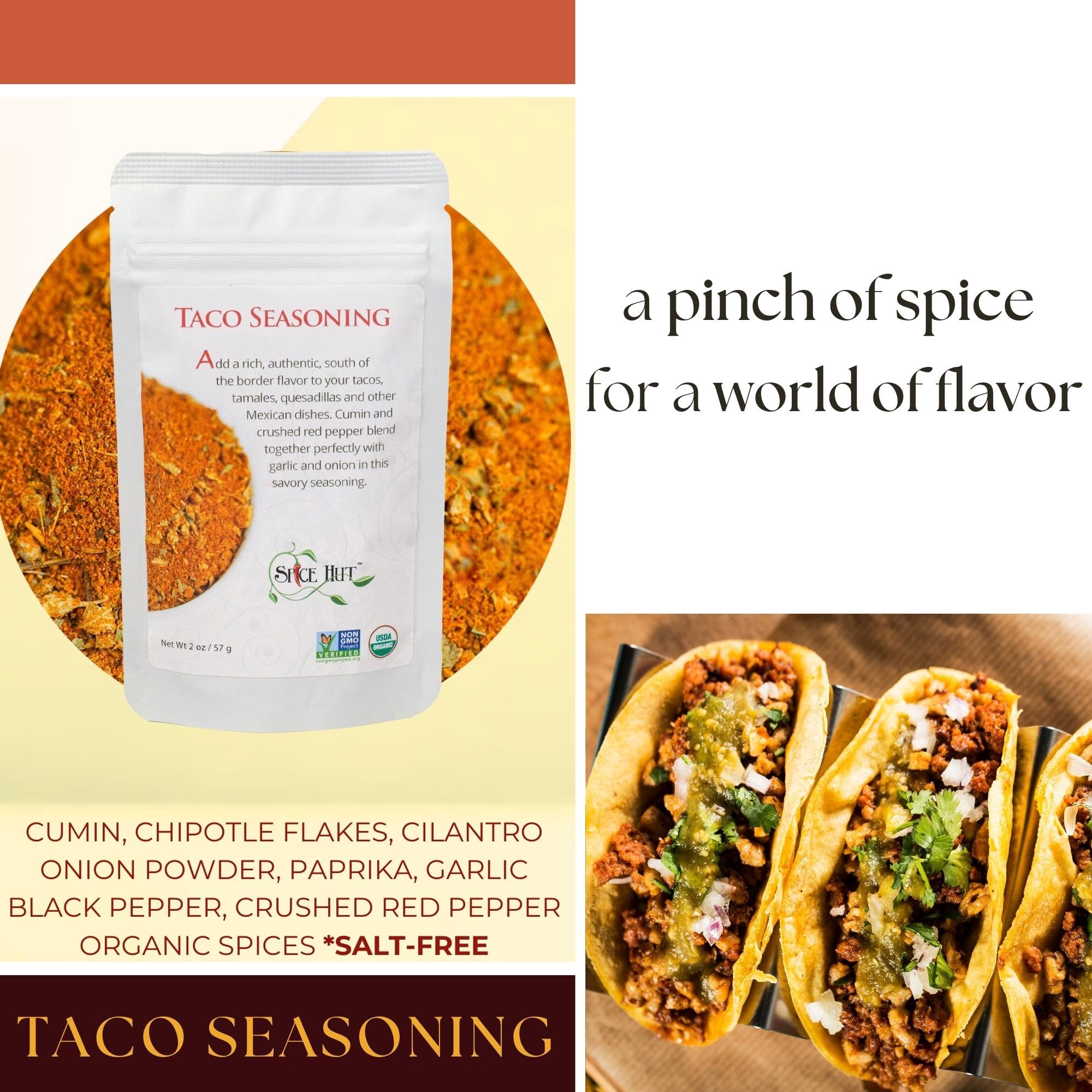 Organic Taco Seasoning Mix by Spice Hut, Salt-Free, Authentic Southwestern Seasoning for Cooking Flavorful Carne Asada, Beef, Carnitas, Tacos, Burrito
