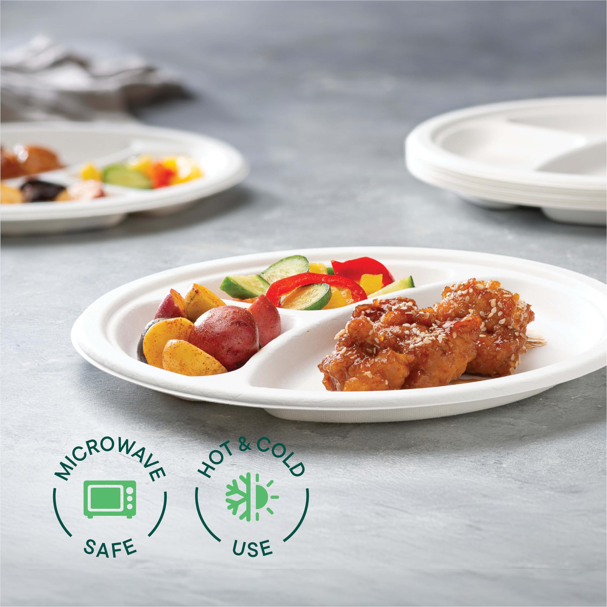 100% Compostable, 3 Compartment [10-Inch] Disposable Paper Plates [125-Pack] Sectional Lunch Trays + Dividers - Divided Platter Tray - Heavy Duty