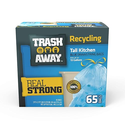 Trash Away Heavy Duty Recycling Drawstring Bags | Tall & Strong Bags for Home & Kitchen - (65 Ct, 13 Gallons) Large Trash Bags Paper,| Thick Recycle