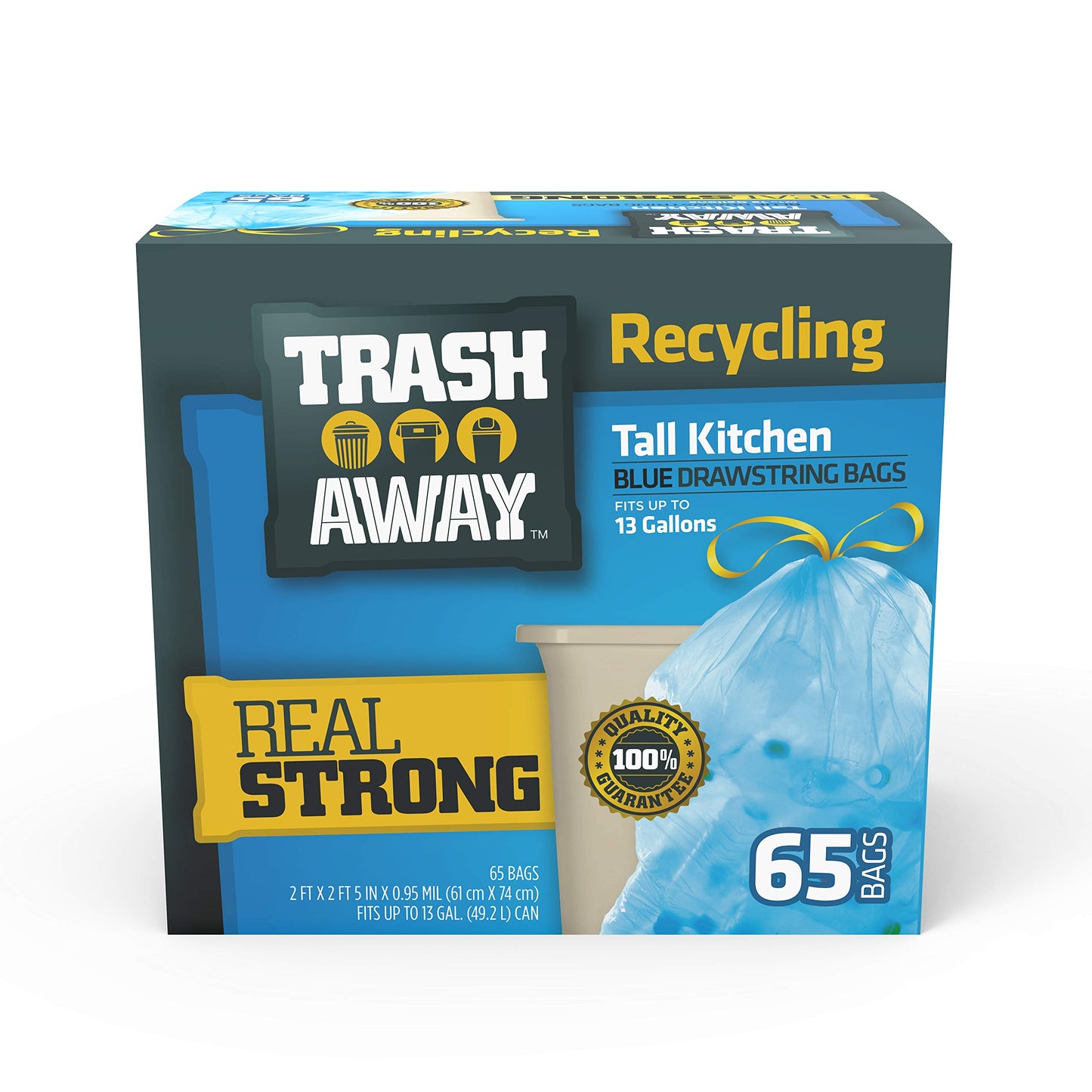 Trash Away Heavy Duty Recycling Drawstring Bags | Tall & Strong Bags for Home & Kitchen - (65 Ct, 13 Gallons) Large Trash Bags Paper,| Thick Recycle