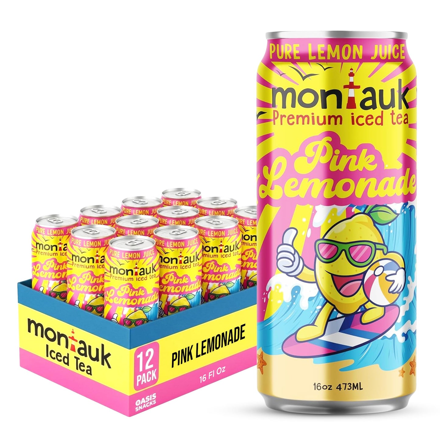 Montauk Premium Lemonade, Ready-to-Drink, 16 fl oz Cans (Pack of 12, Pink Lemonade)