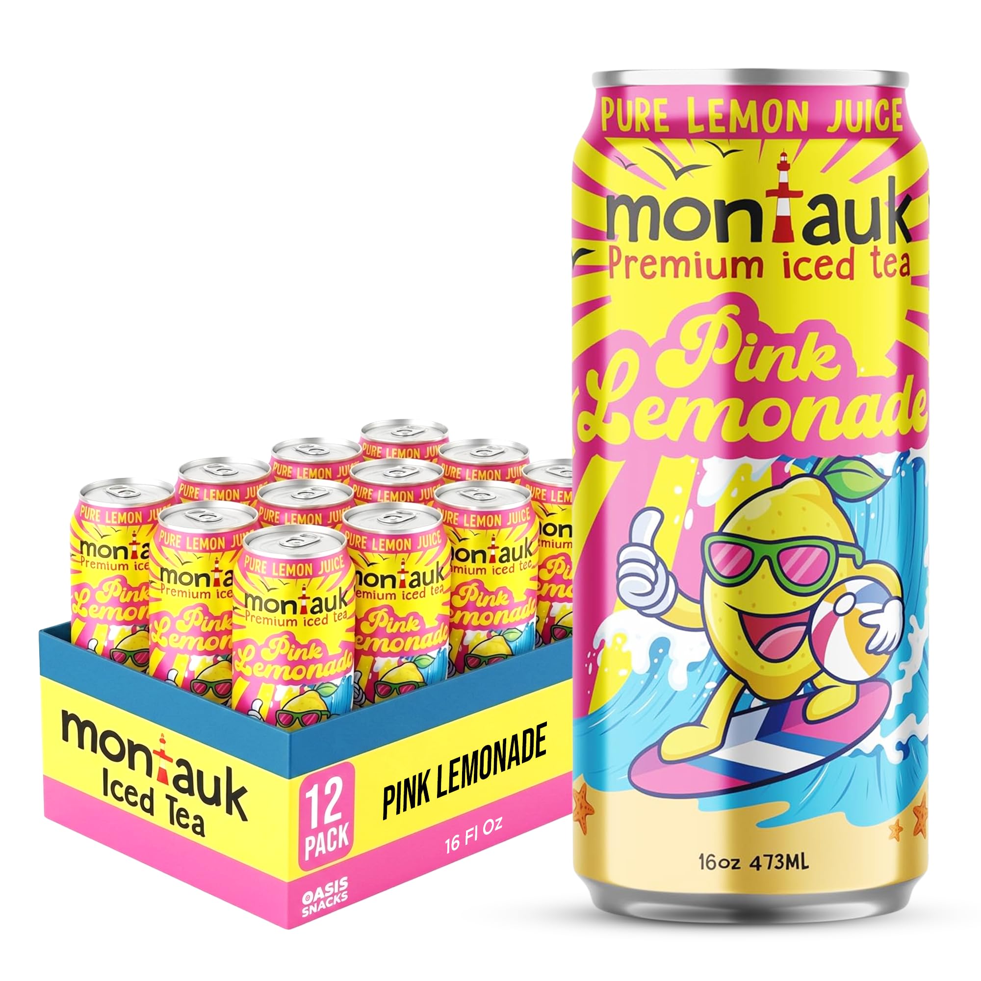 Montauk Premium Lemonade, Ready-to-Drink, 16 fl oz Cans (Pack of 12, Pink Lemonade)