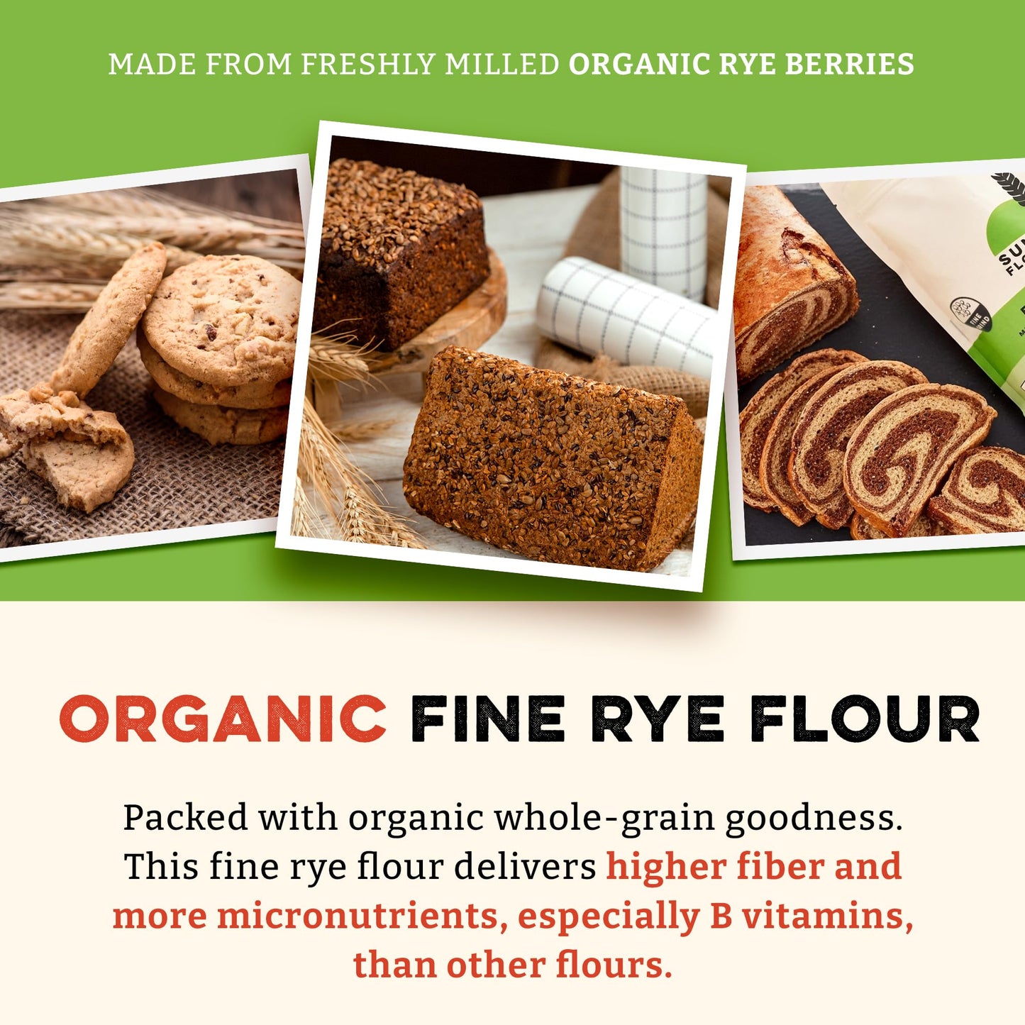 Sunrise Flour Mill Organic Fine Rye Flour | 2 LB | Rye Flour Organic | Whole Grain Bread Flour for Sourdough | No Artificial Ingredients |