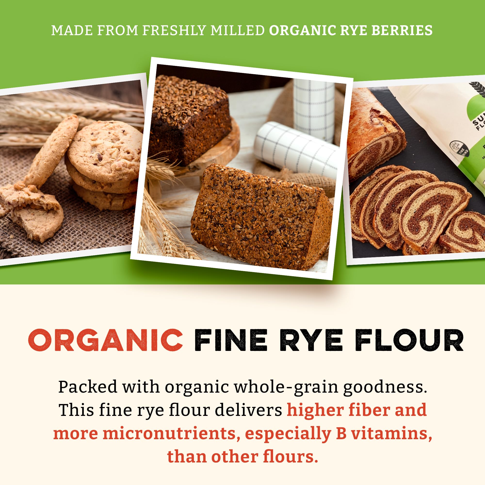 Sunrise Flour Mill Organic Fine Rye Flour | 2 LB | Rye Flour Organic | Whole Grain Bread Flour for Sourdough | No Artificial Ingredients |