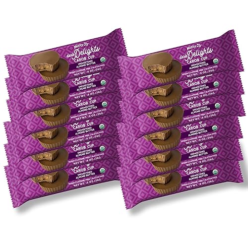 Missy J's Organic Carob Dark Delights Unsweetened Almond Cups 0.9 Oz 12 Pack | Vegan and Gluten-Free, Healthy Caffeine Free Substitute for Chocolate