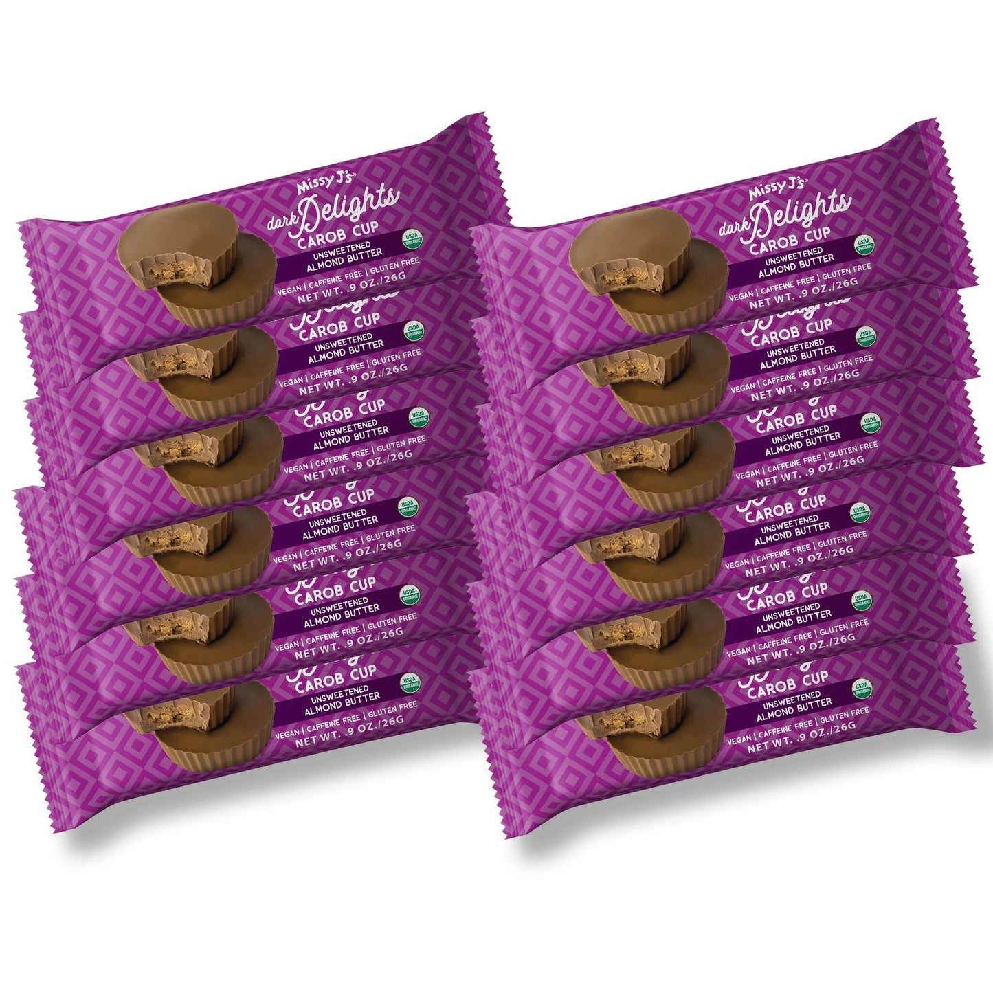 Missy J's Organic Carob Dark Delights Unsweetened Almond Cups 0.9 Oz 12 Pack | Vegan and Gluten-Free, Healthy Caffeine Free Substitute for Chocolate