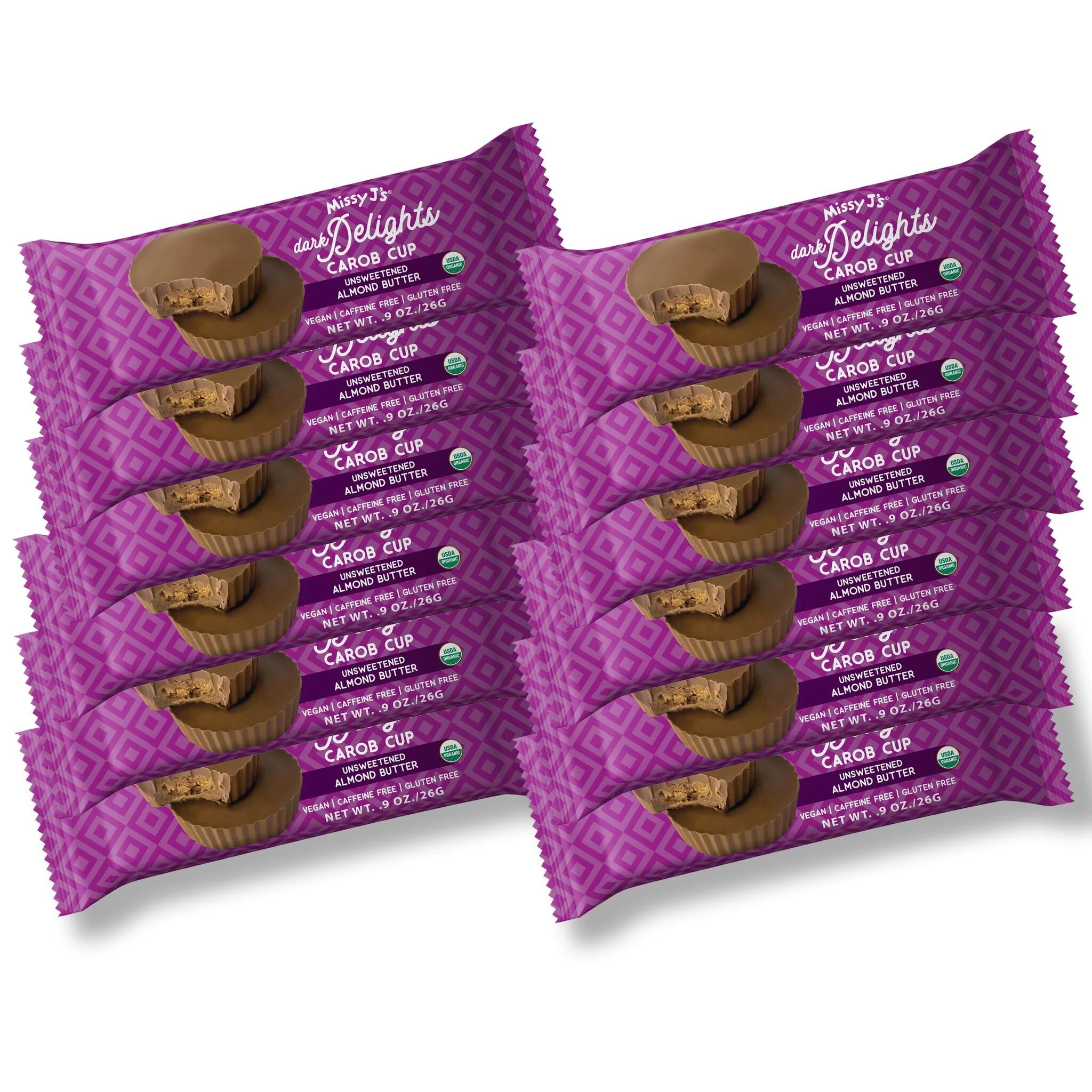 Missy J's Organic Carob Dark Delights Unsweetened Almond Cups 0.9 Oz 12 Pack | Vegan and Gluten-Free, Healthy Caffeine Free Substitute for Chocolate