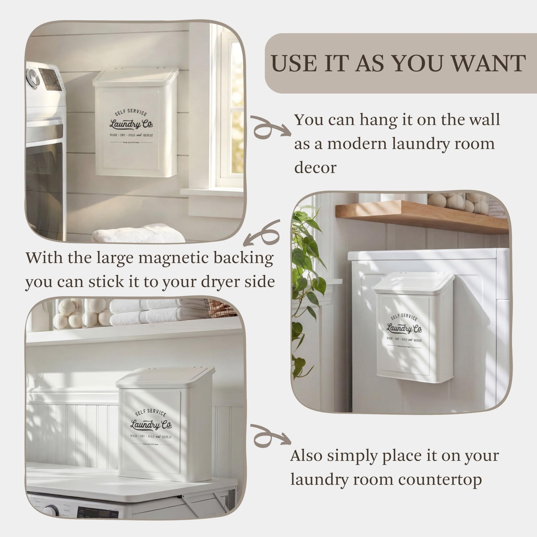 MONJITA Magnetic Lint Bin for Laundry Room, Metal Trash Can with Lid for Dryer, Farmhouse Lint Holder, Laundry Co Sign, Laundry Room Storage Decor
