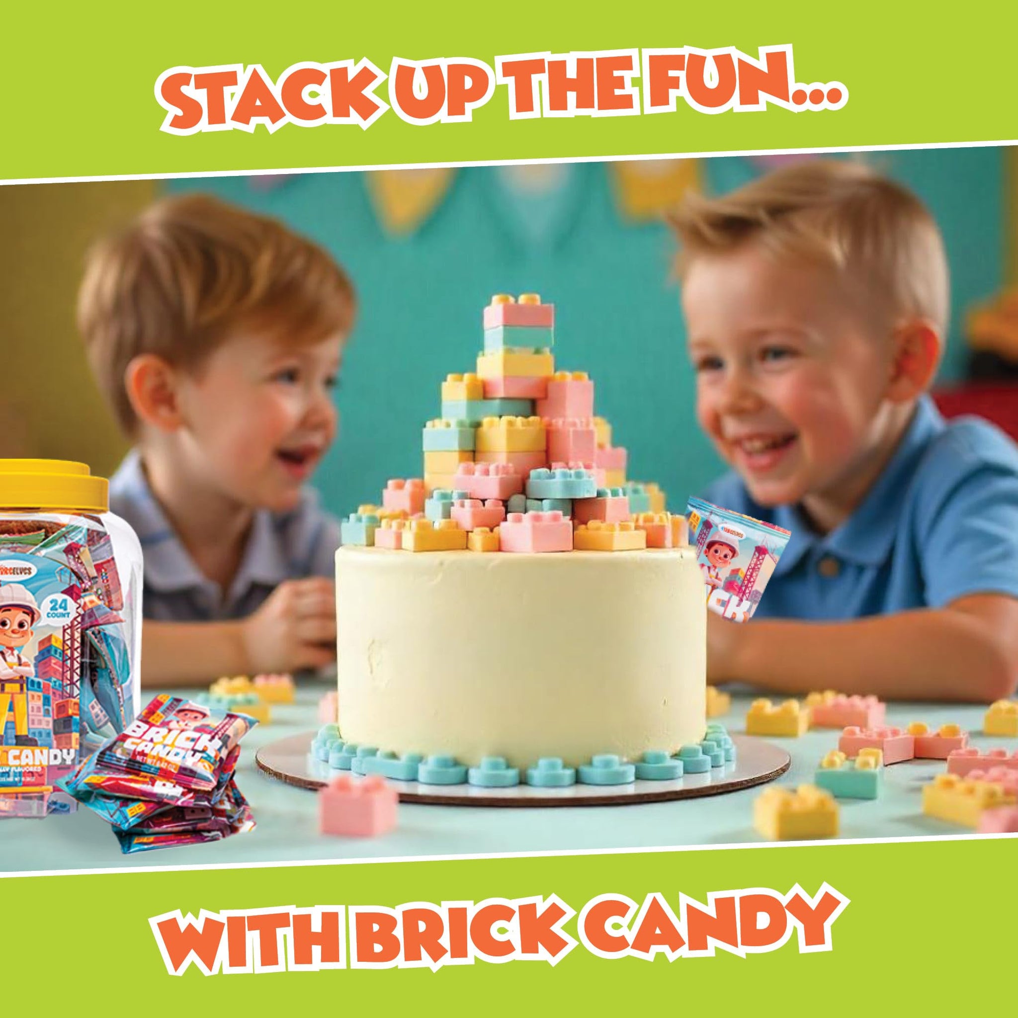 Candy Bricks, 24 Individual Party Favor Bags of Tutti Frutti Flavored Blocks for Construction Themed Fun, Brick Shaped Cake Topper and Party Candy in